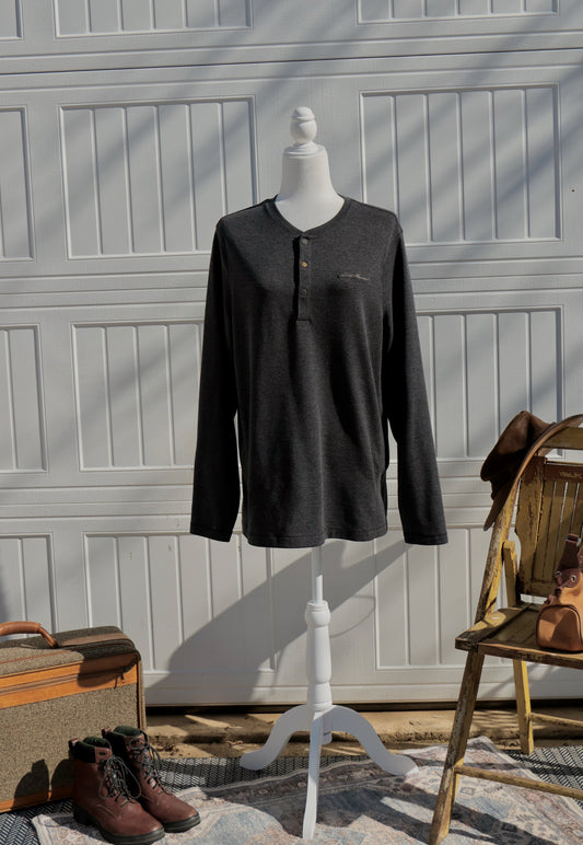 "Backcountry Ski Patch" - Upcycled Eddie Bauer Grey Henley Plaid Ski Patch Back