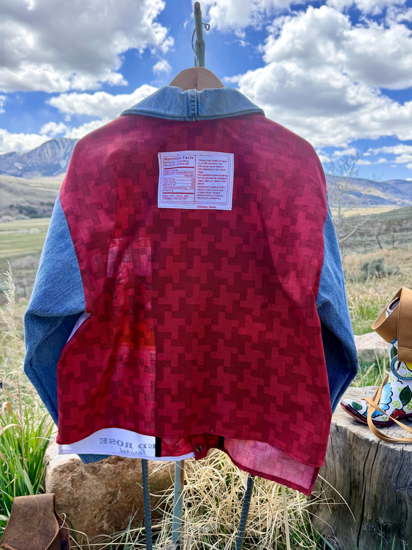 Handmade Red Rose Flour Sack + Denim Button Down Workshirt — Handmade Patchwork | Size M