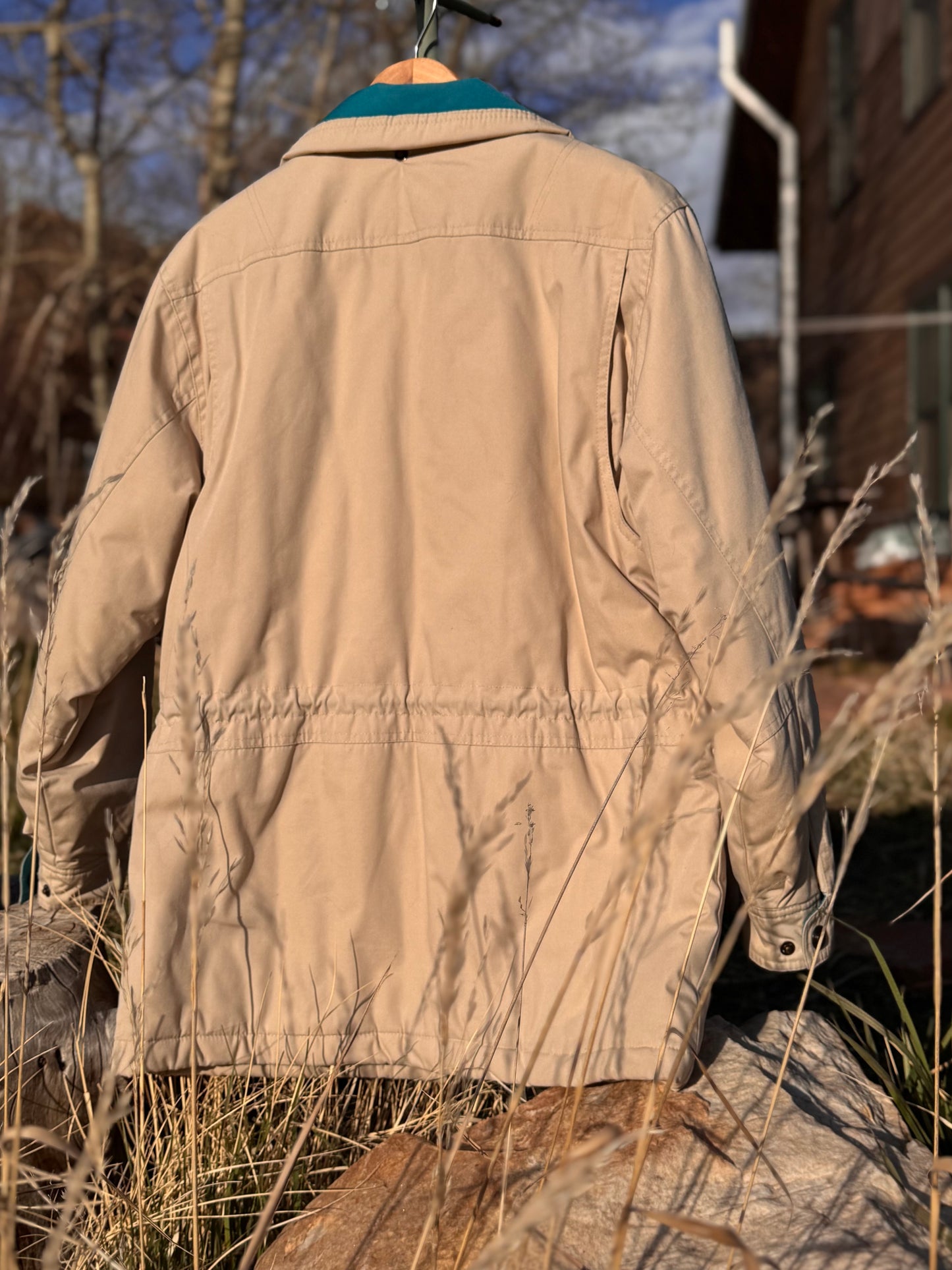 Vintage Pacific Trail Spring Outdoor Jacket — Tan with Plaid Fleece Lining (S)