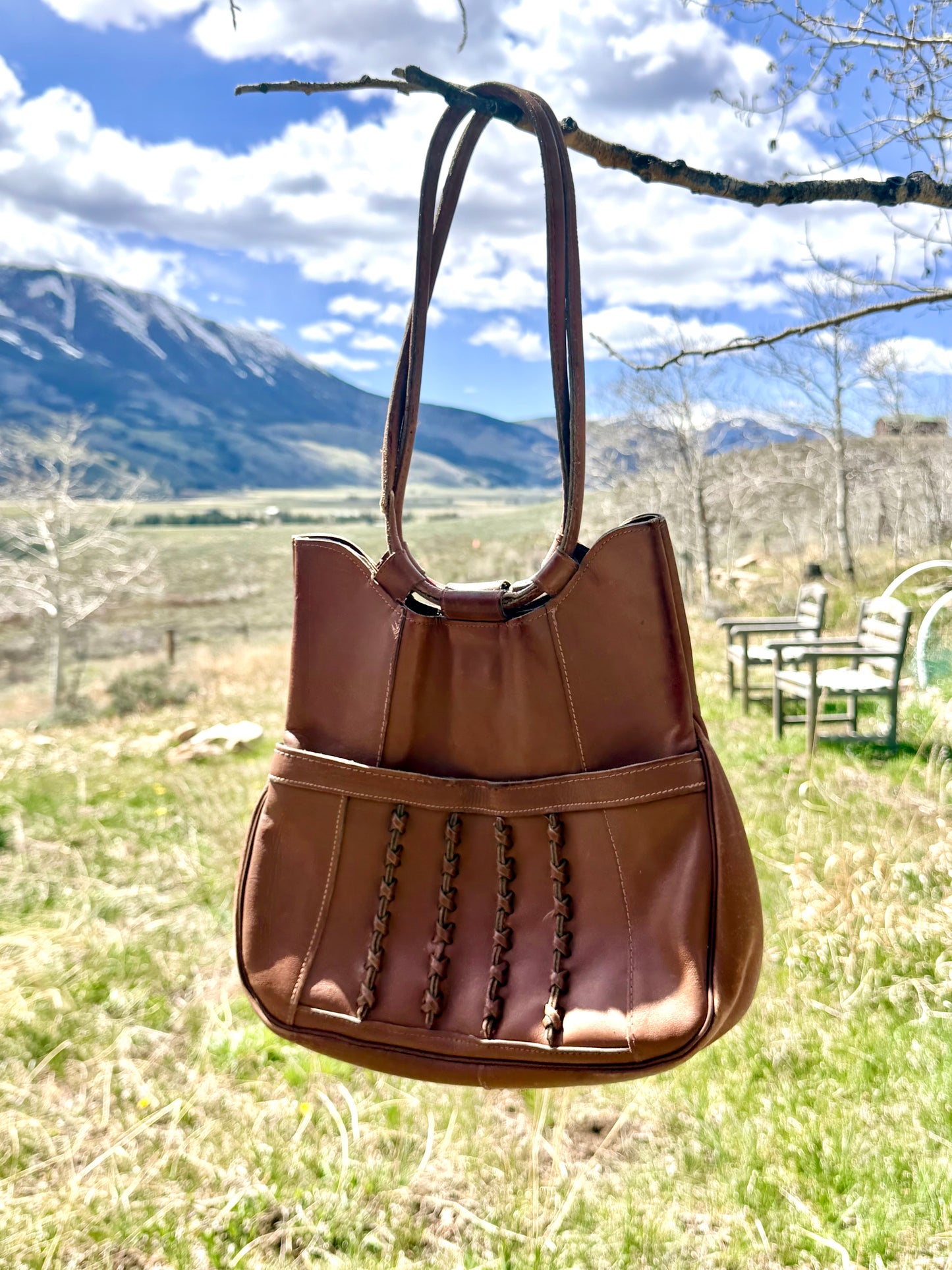 Vintage Brown Leather Woven Detail Shoulder Bag