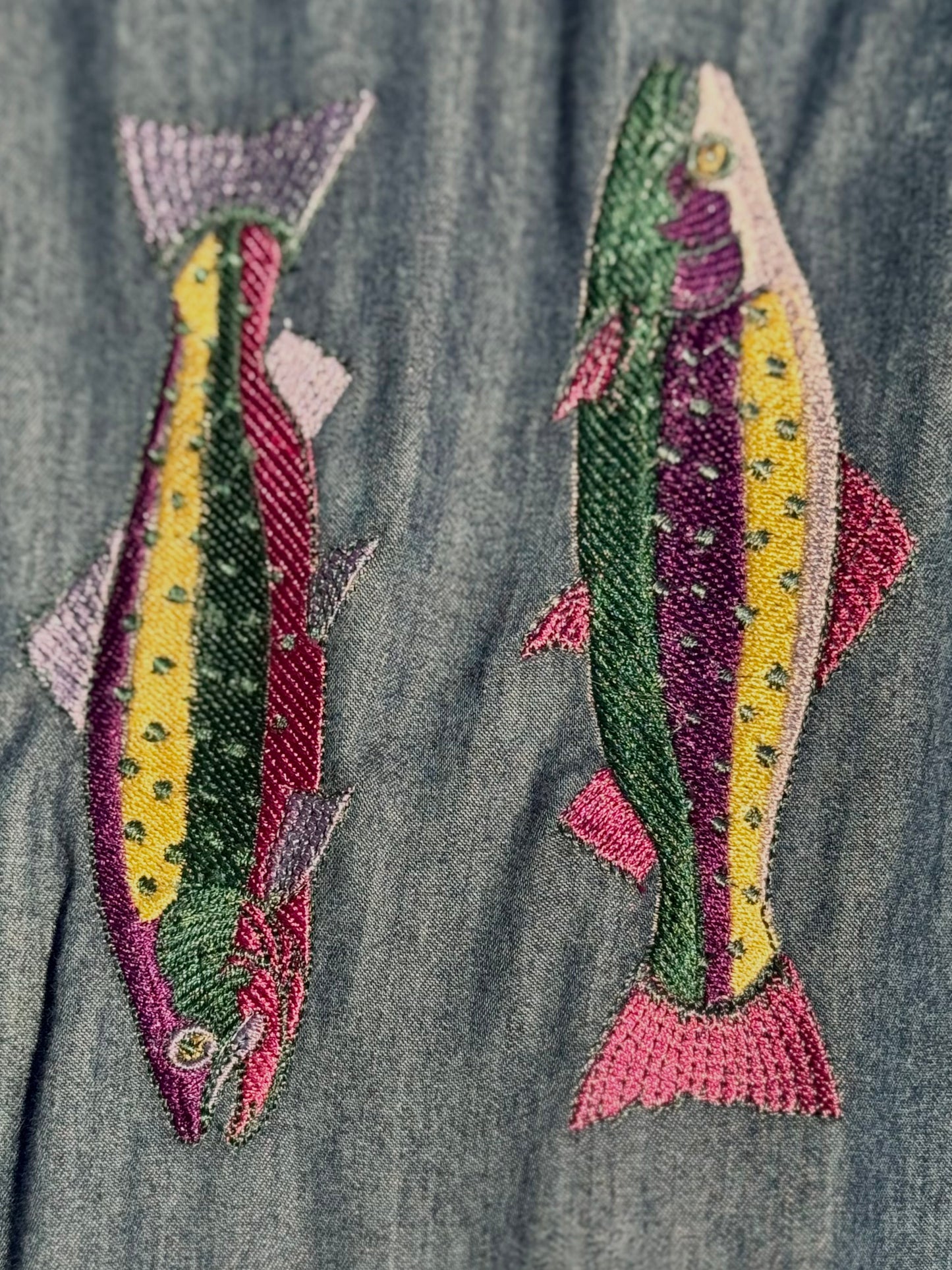 Upcycled Christopher Banks Fish Embroidery Denim Shirt (XL)