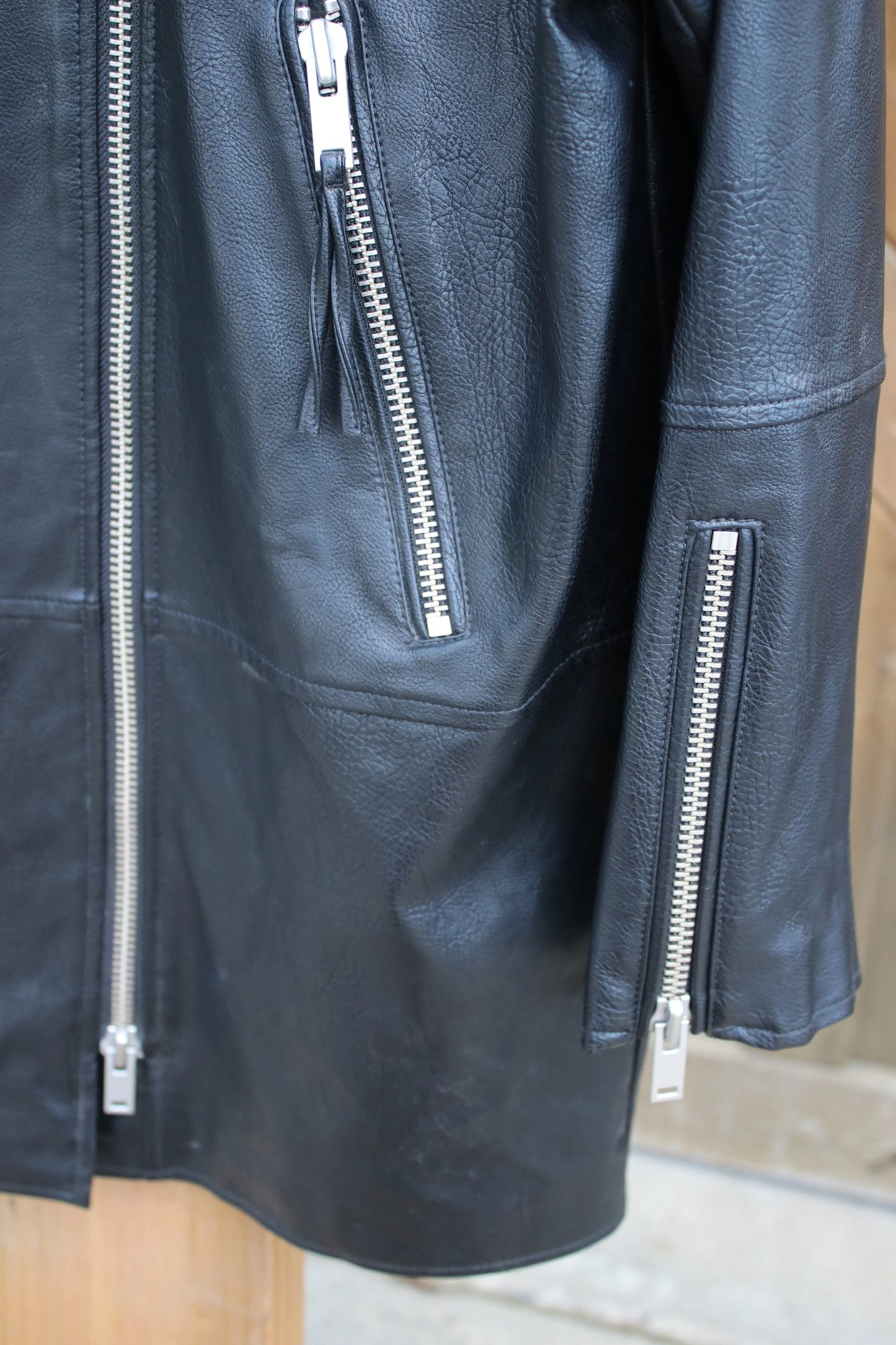 Anthropologie Oversized Faux Leather Moto Jacket – Black Biker Jacket with Silver Zippers