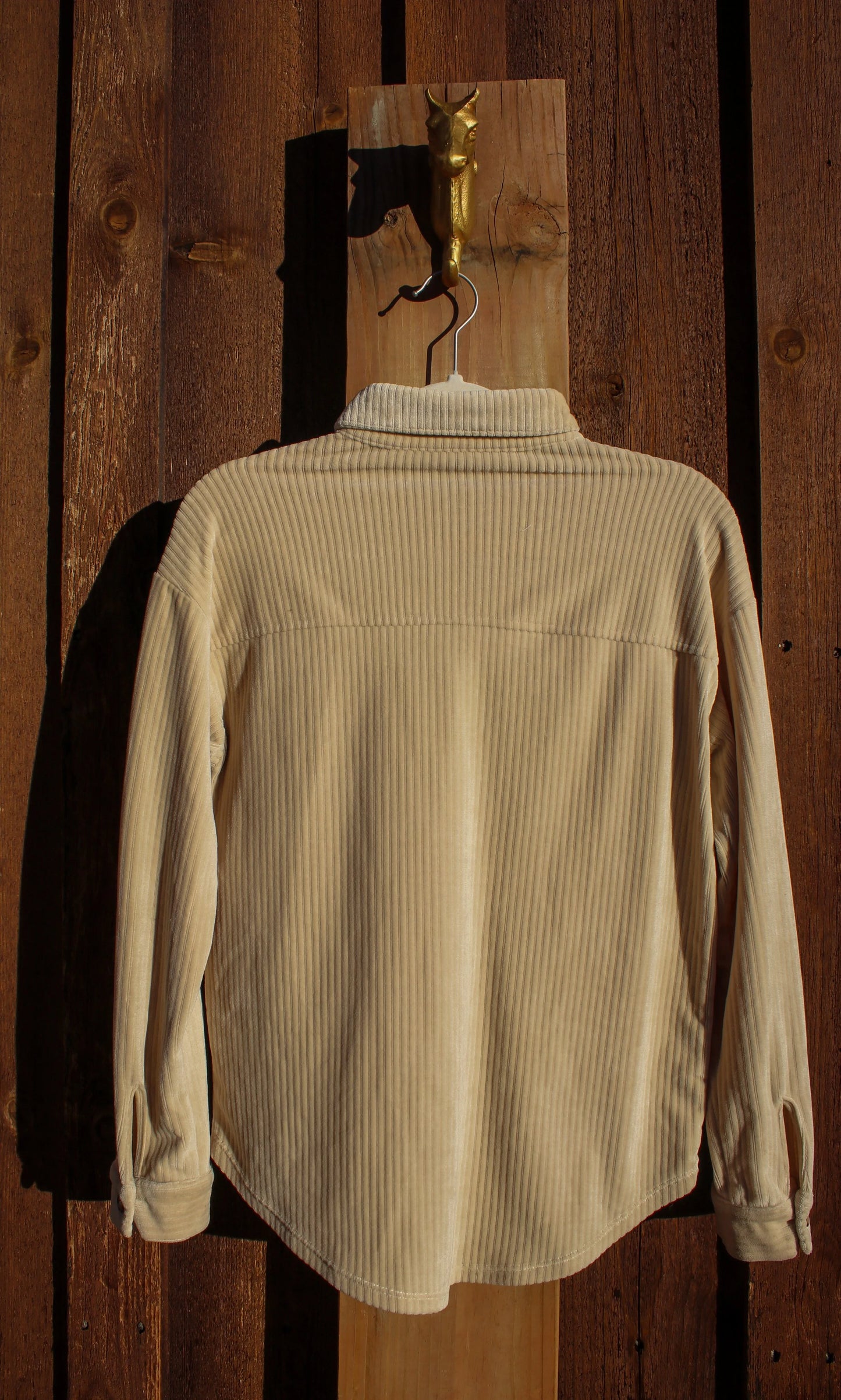 “Campfire Stories” – Upcycled Cream Corduroy Cabin Patch Shirt