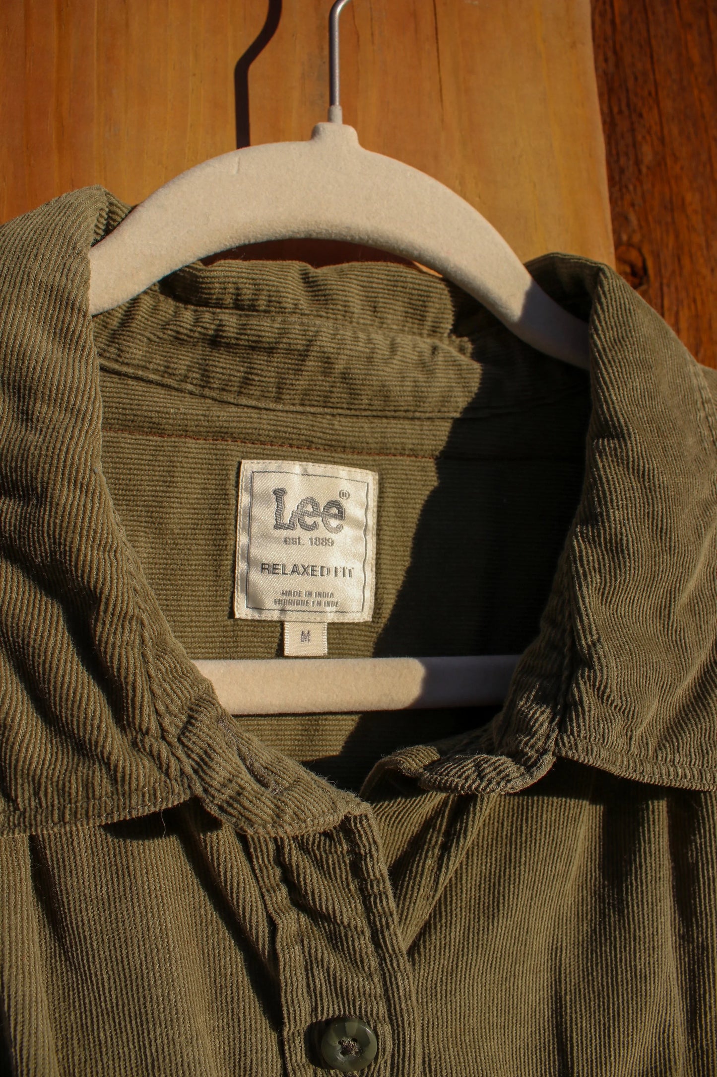 “Bear Creek Trail” – Upcycled Lee Olive Button Down with Bear Patch
