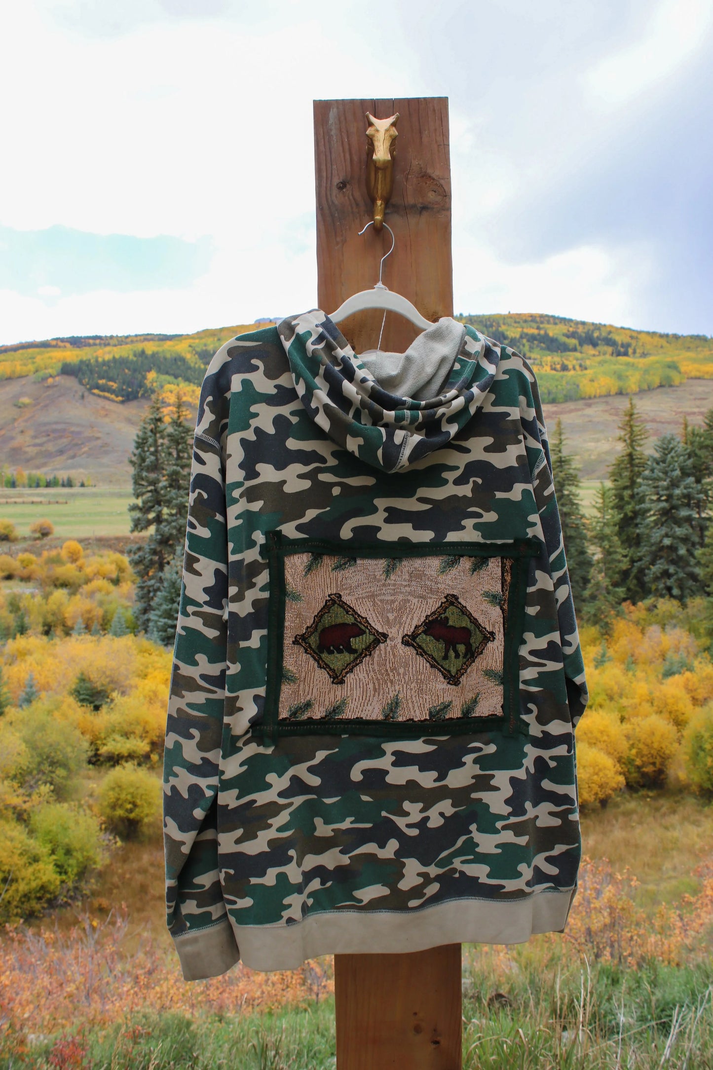 “Backcountry Bear” – Upcycled Vintage Eddie Bauer Camo Sweatshirt