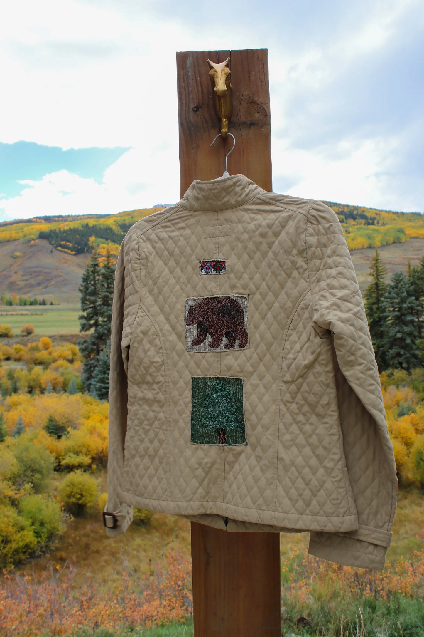 “Campfire Classic” – Upcycled Merona Quilted Jacket w/ Bear & Nature Patches