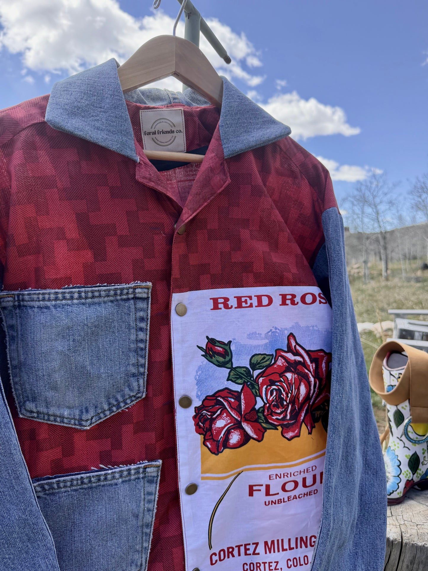Handmade Red Rose Flour Sack + Denim Button Down Workshirt — Handmade Patchwork | Size M
