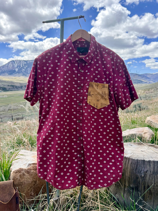 Upcycled Forever 21 Red Western Shirt Cowboy Scene Pocket (XL)