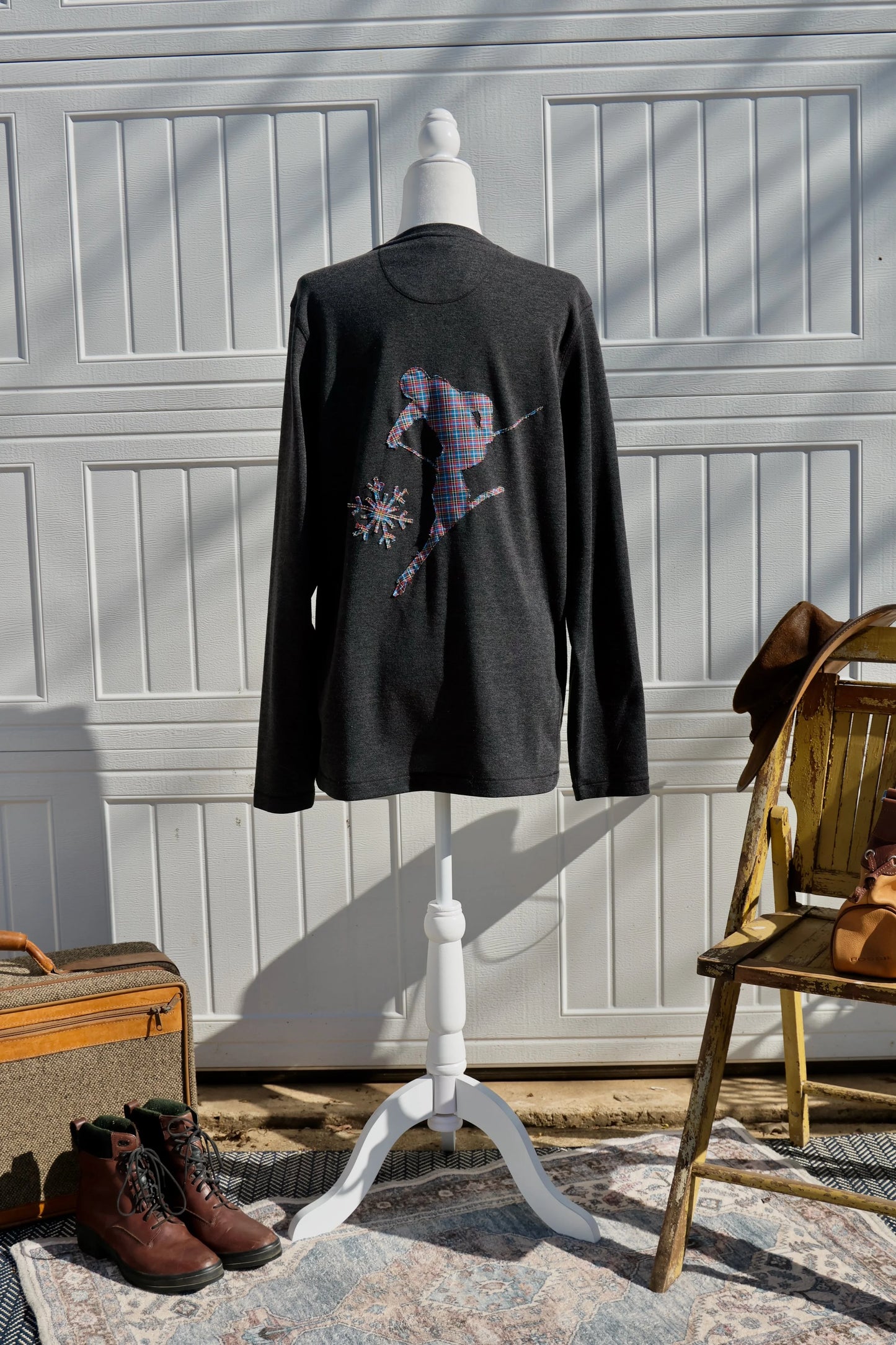 "Backcountry Ski Patch" - Upcycled Eddie Bauer Grey Henley Plaid Ski Patch Back