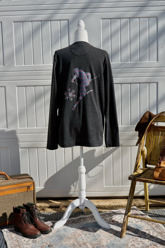 "Backcountry Ski Patch" - Upcycled Eddie Bauer Grey Henley Plaid Ski Patch Back
