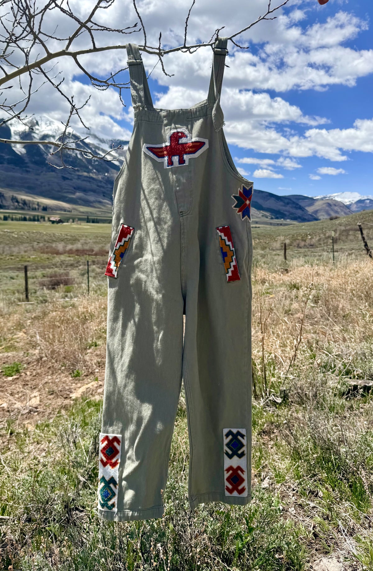 Upcycled Grey Denim Overalls Southwestern Patch (L)