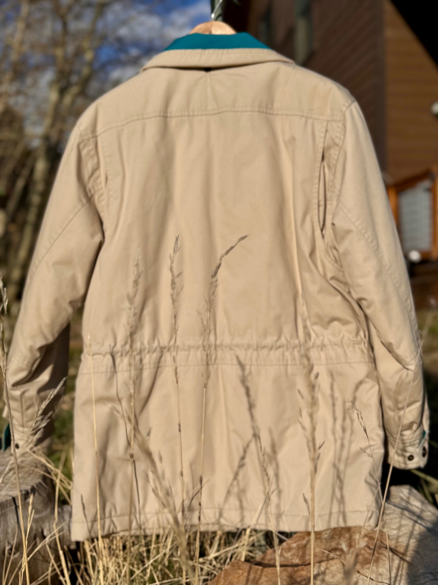 Vintage Pacific Trail Spring Outdoor Jacket — Tan with Plaid Fleece Lining (S)