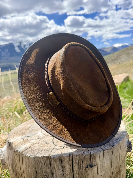 Vintage Rocky Mountain Outback Leather Hat Distressed Chocolate Suede – M/L