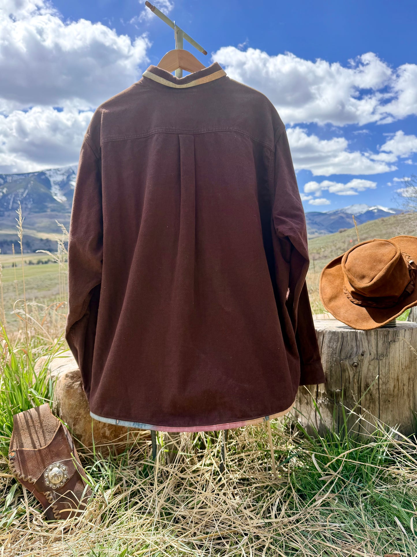 Upcycled Eddie Bauer Brown Patchwork Button Down Western Shirt (XXL)