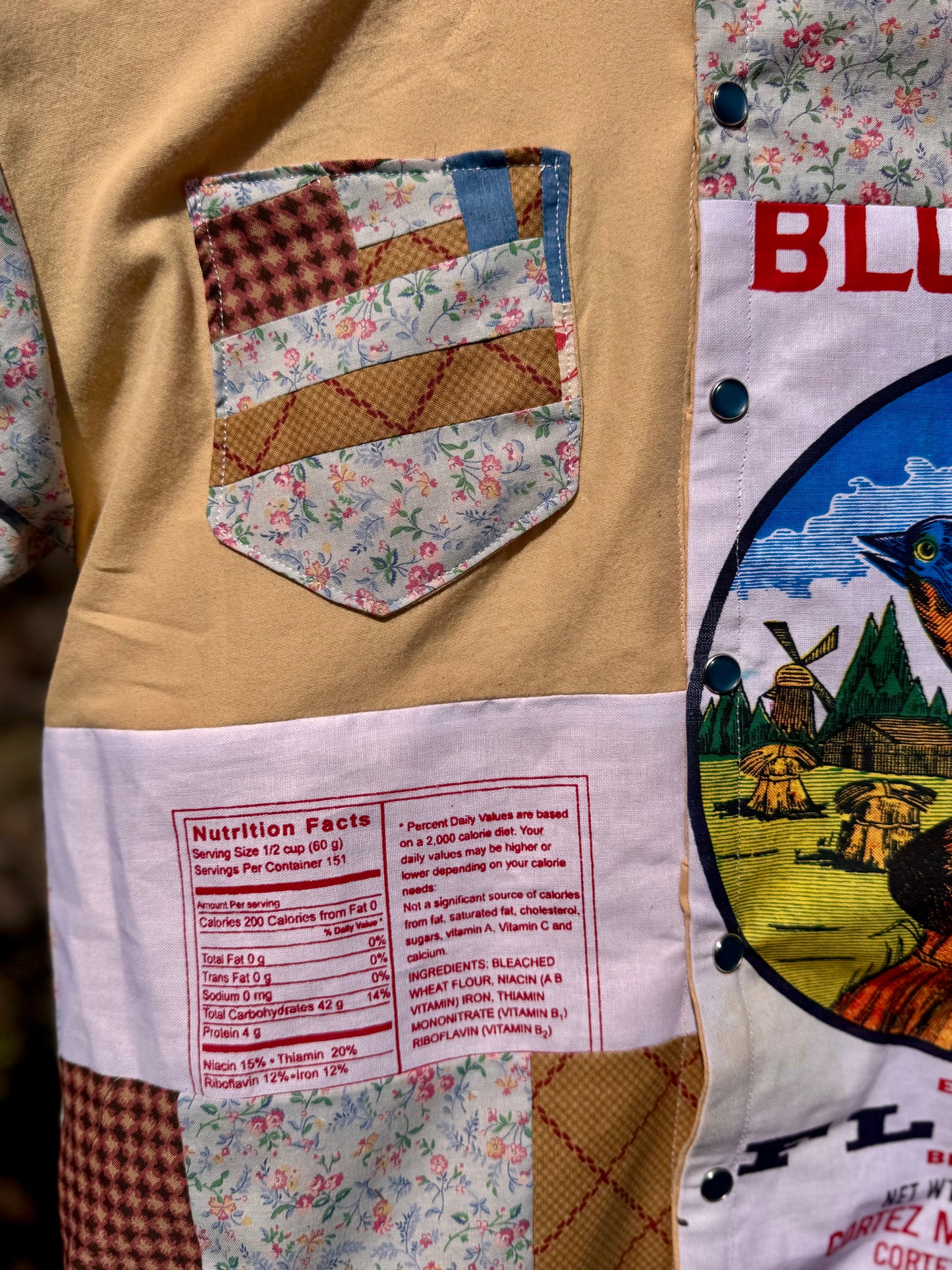 Handmade Bluebird Garden Flour Sack Pearl Snap Button Down — Handmade | Size S