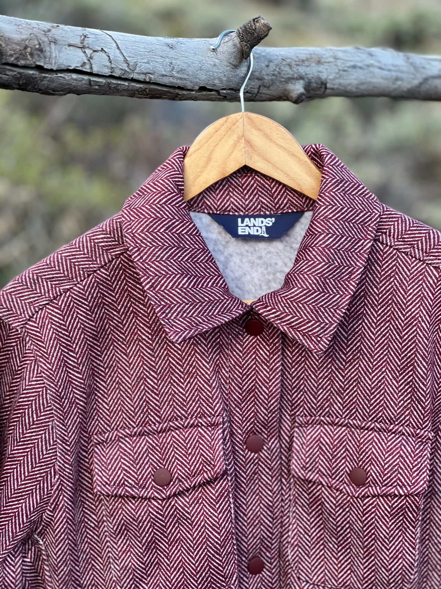 Lands' End Fleece Lined Snap Button Down Red Jacquard Shirt Jacket (L)