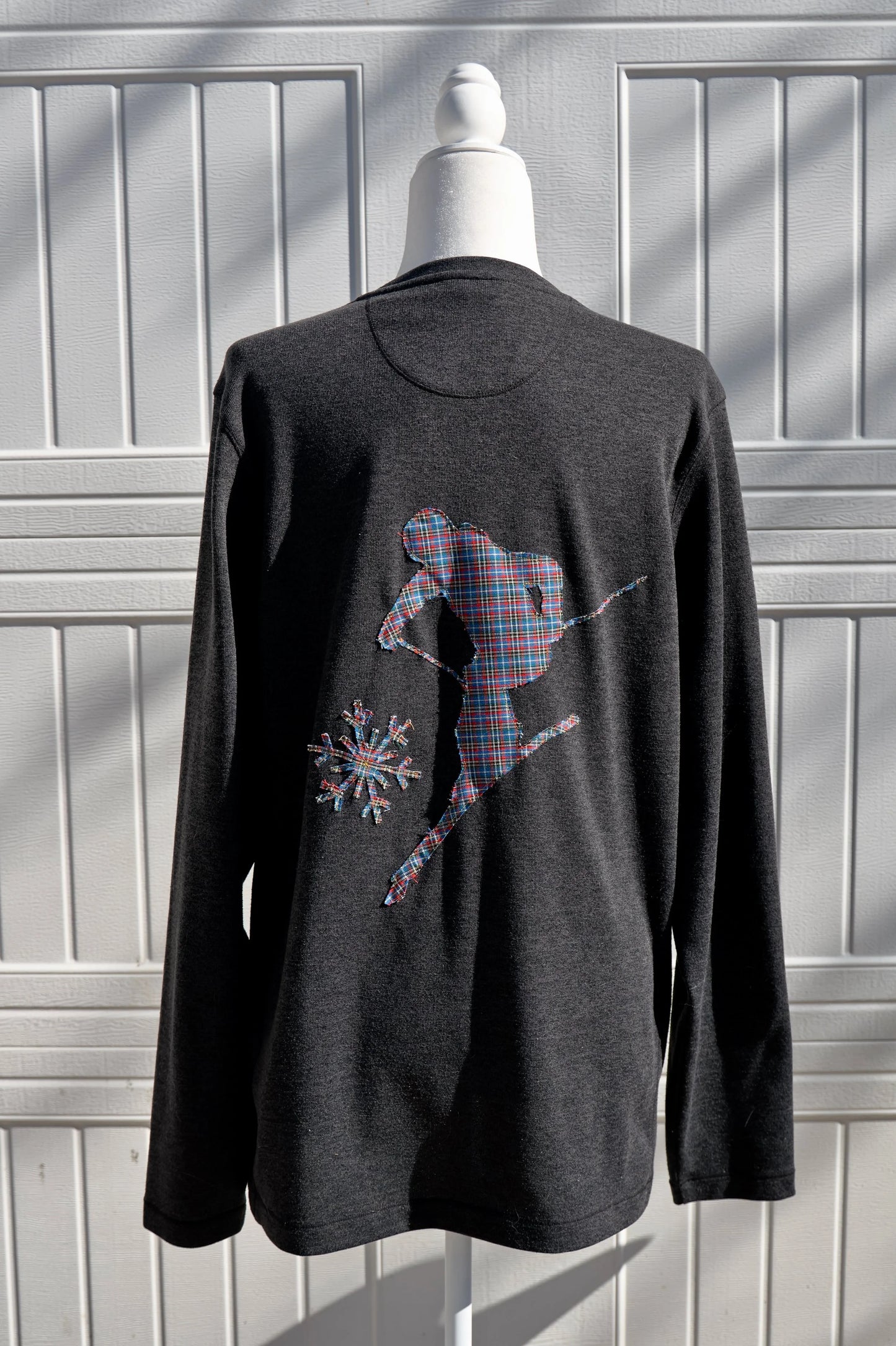 "Backcountry Ski Patch" - Upcycled Eddie Bauer Grey Henley Plaid Ski Patch Back