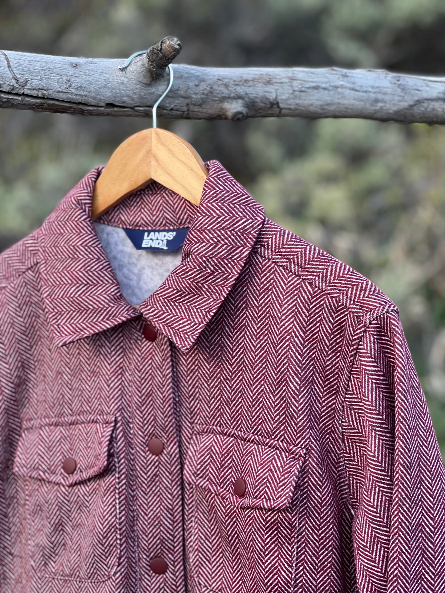 Lands' End Fleece Lined Snap Button Down Red Jacquard Shirt Jacket (L)