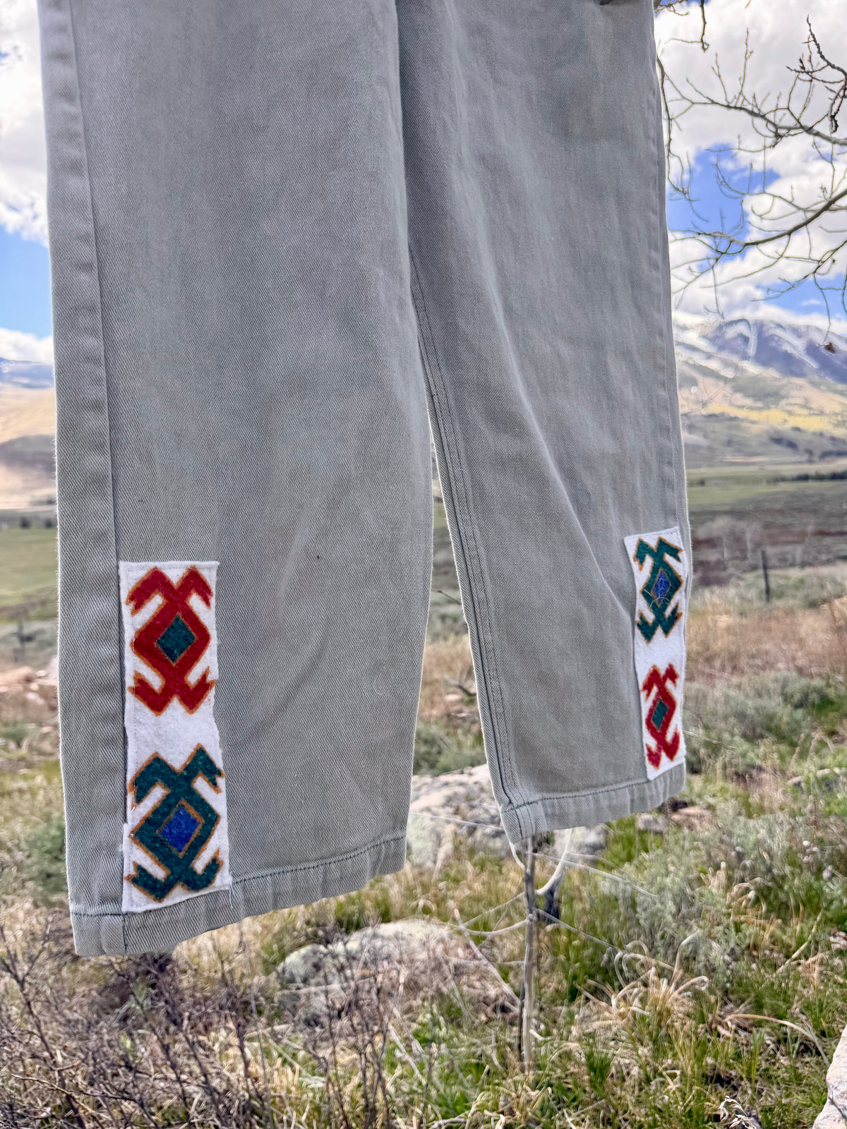 Upcycled Grey Denim Overalls Southwestern Patch (L)