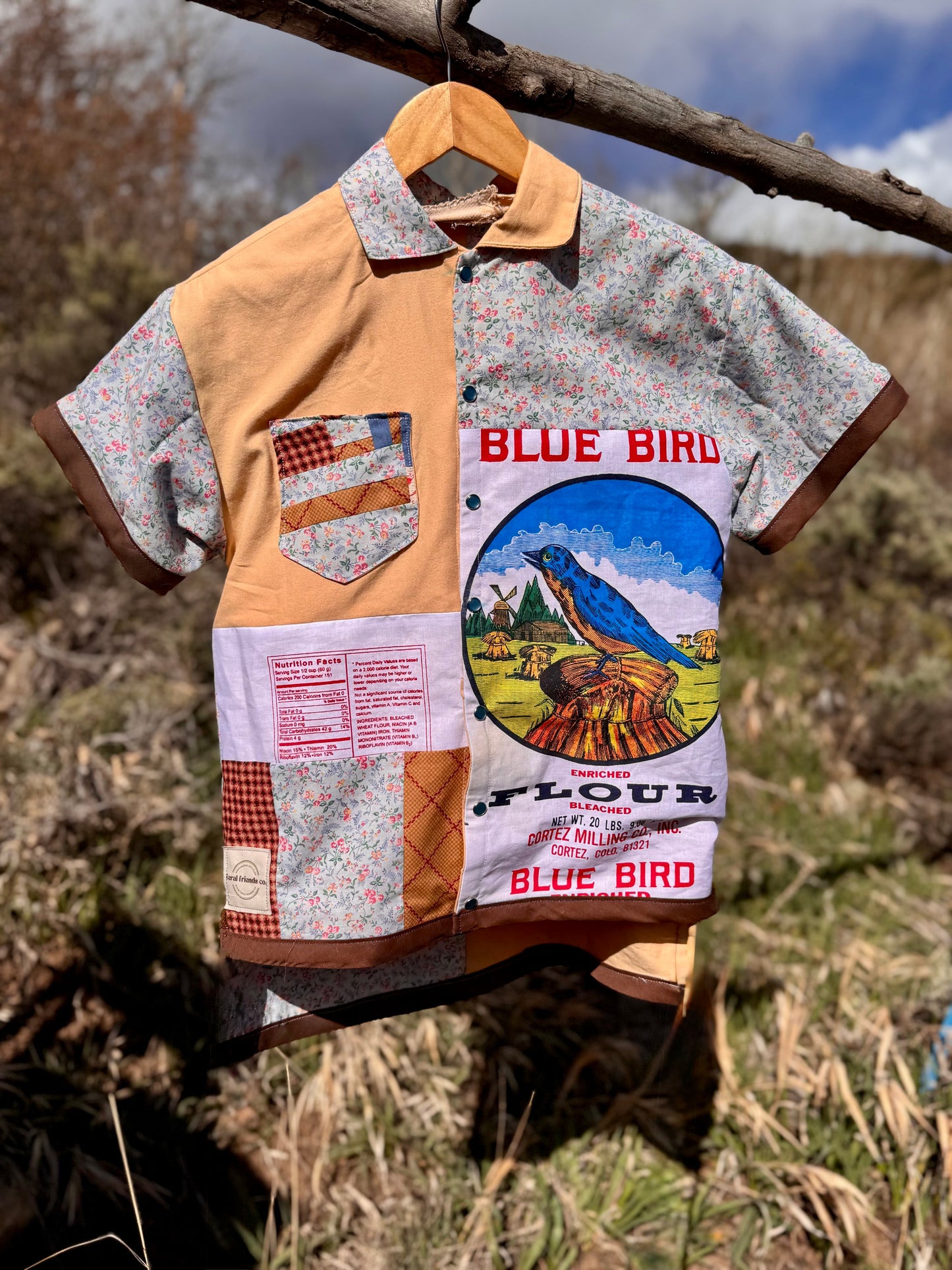 Handmade Bluebird Garden Flour Sack Pearl Snap Button Down — Handmade | Size S