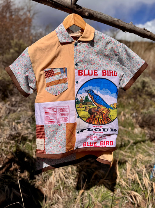 Handmade Bluebird Garden Flour Sack Pearl Snap Button Down — Handmade | Size S