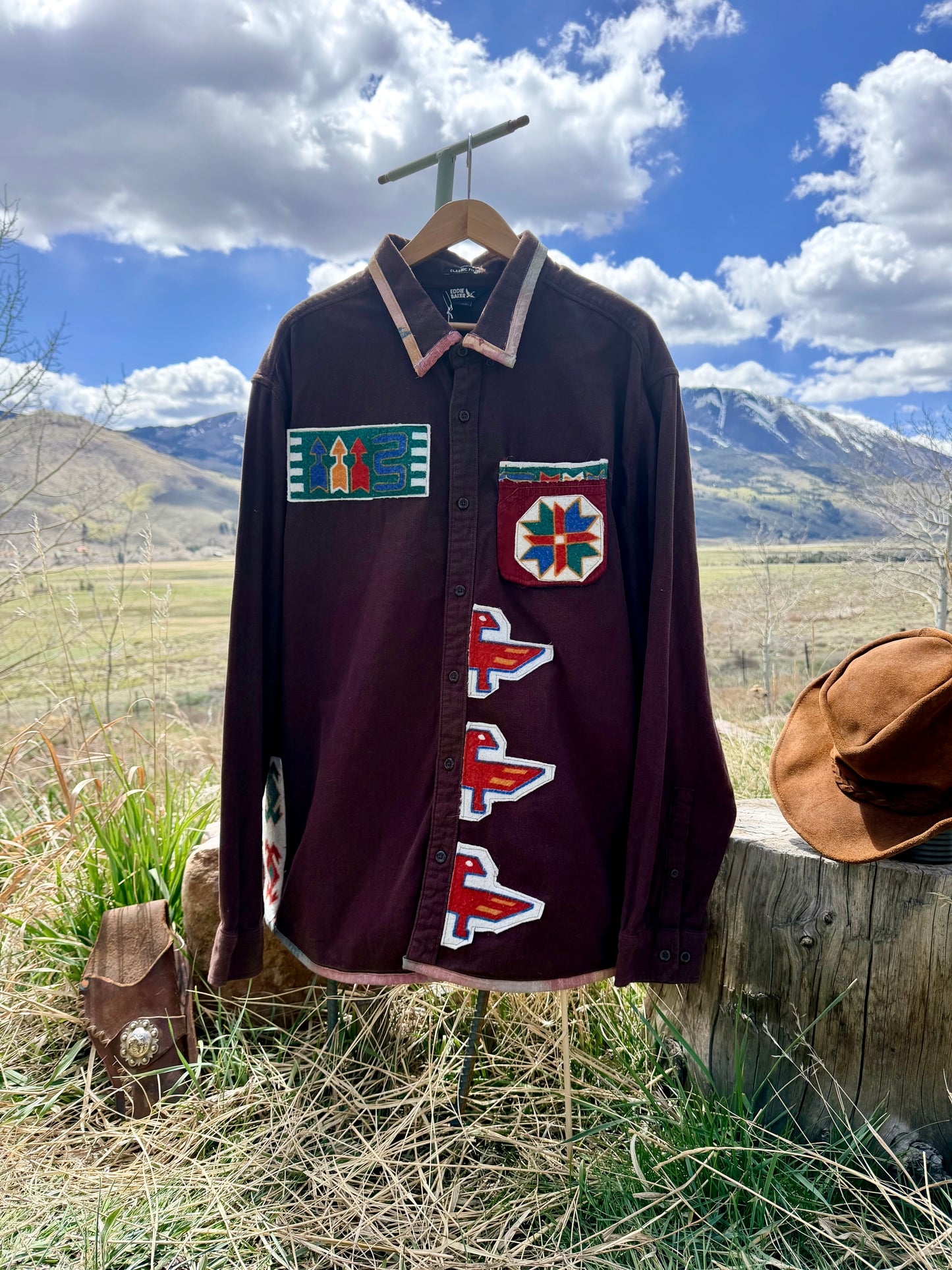Upcycled Eddie Bauer Brown Patchwork Button Down Western Shirt (XXL)