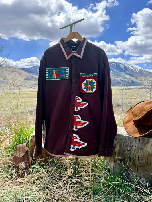 Upcycled Eddie Bauer Brown Patchwork Button Down Western Shirt (XXL)