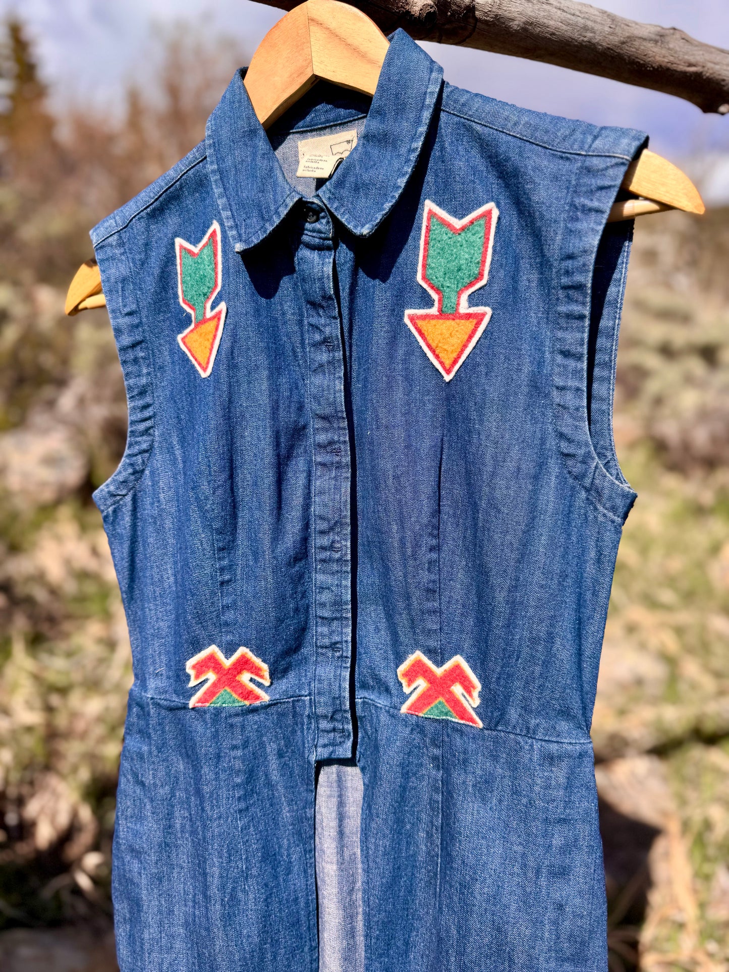 Upcycled Southwestern Long Denim Tuxedo Vest (XS)