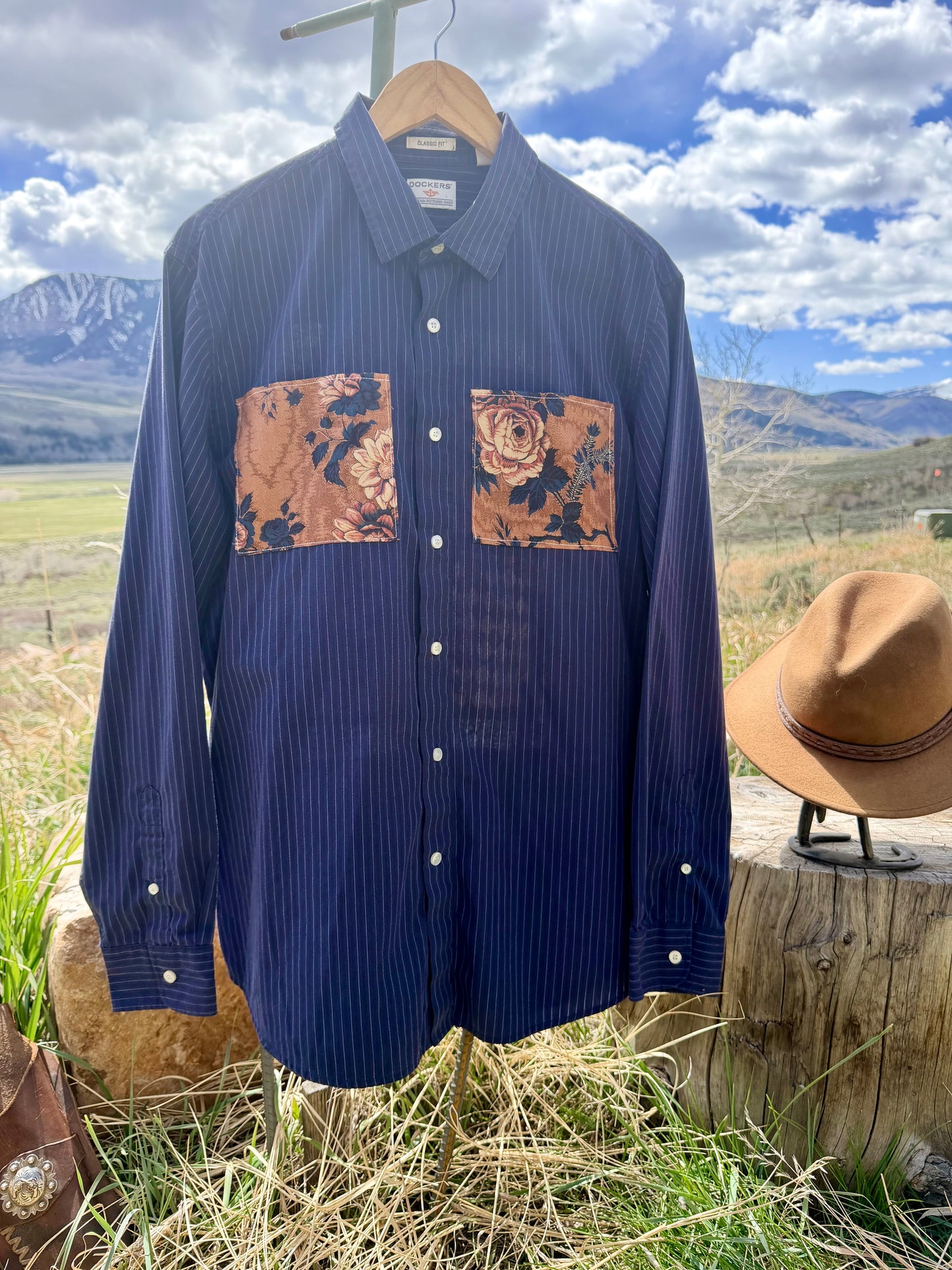 Upcycled Dockers Quilted Panel Patchwork Button Down (L)