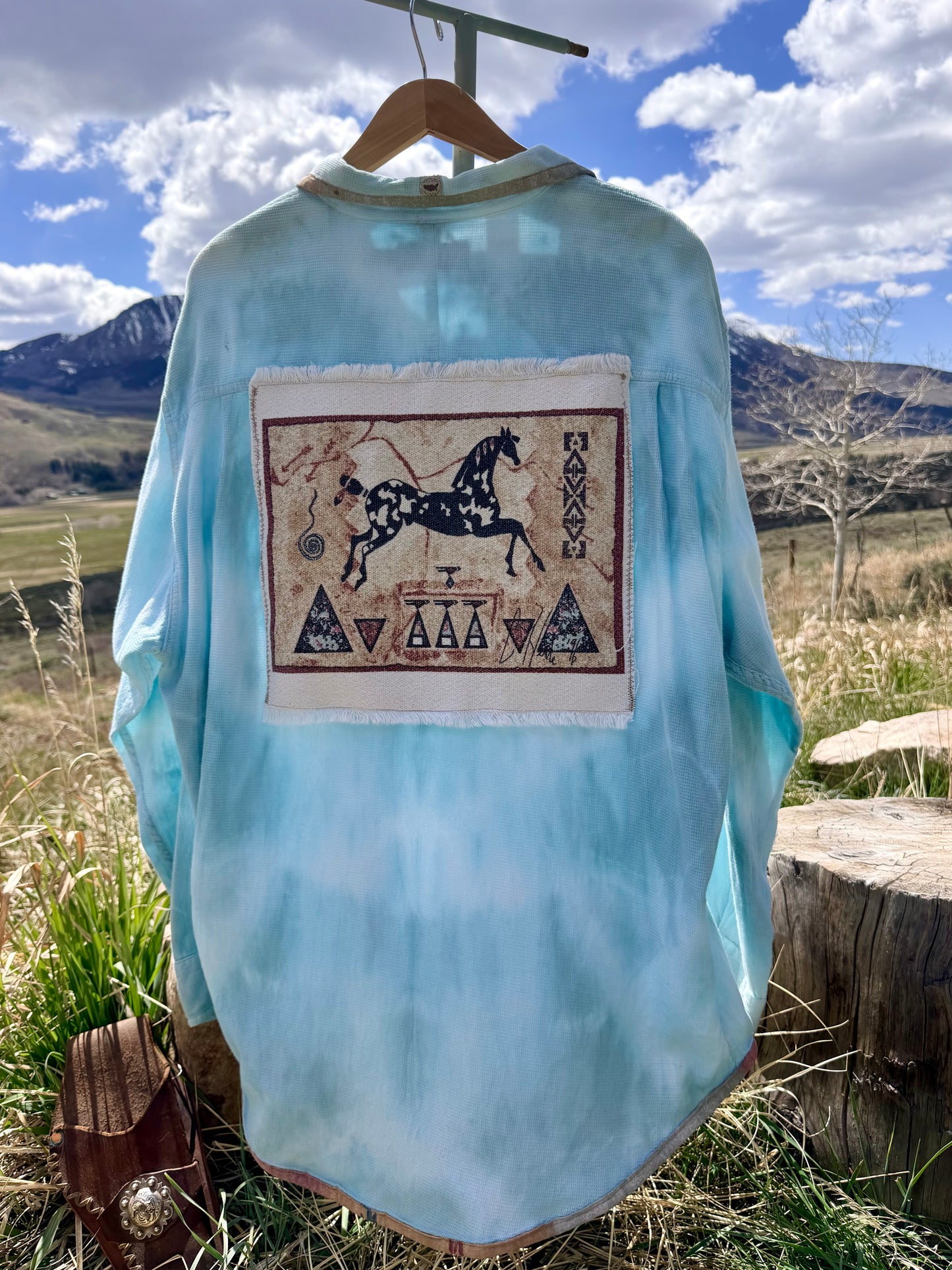Upcycled American Territory Tie Dye Western Patch Button Down (L)