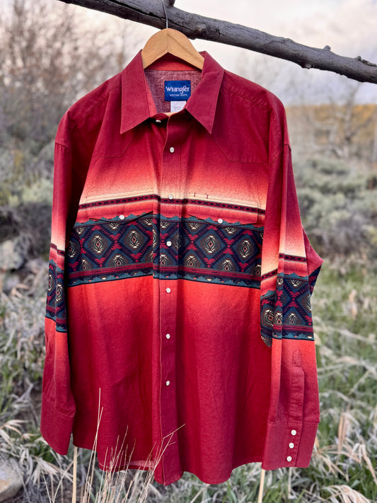 Vintage Wrangler Western Shirt – Sunset Ombré Aztec Print Pearl Snap – XXL