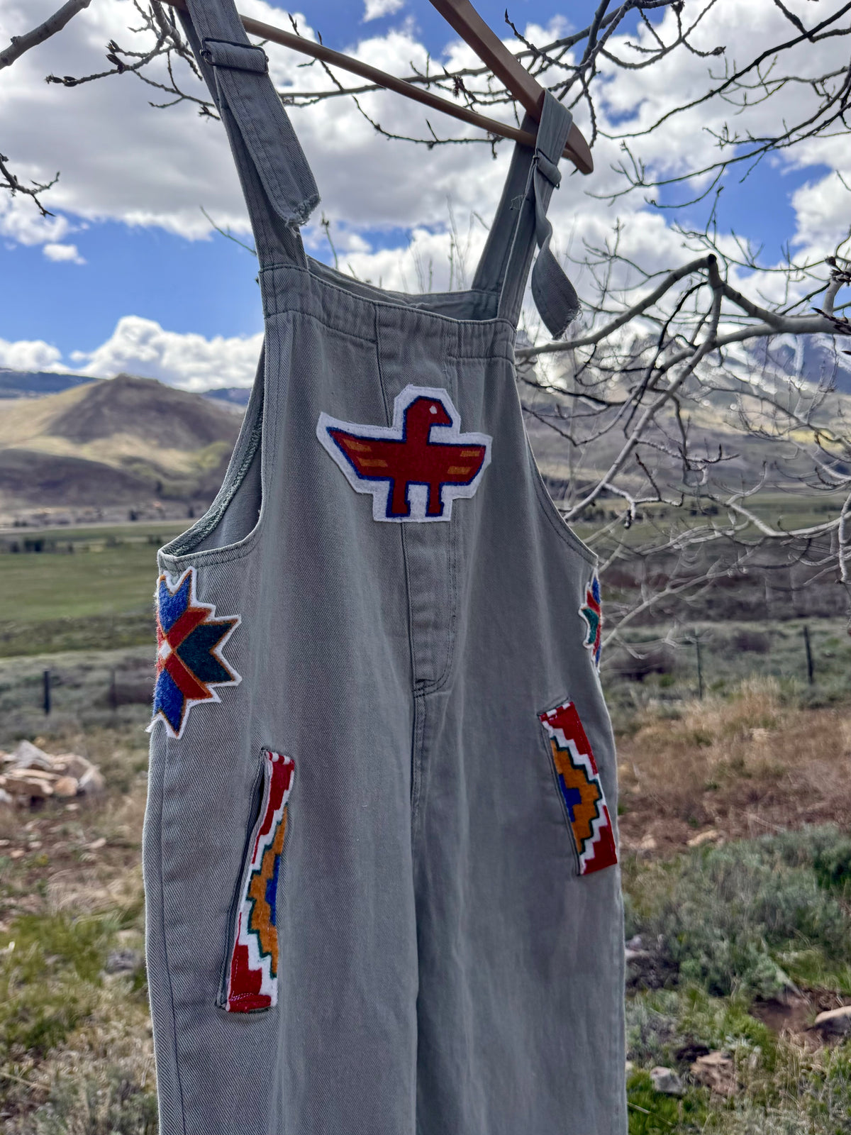 Upcycled Grey Denim Overalls Southwestern Patch (L)