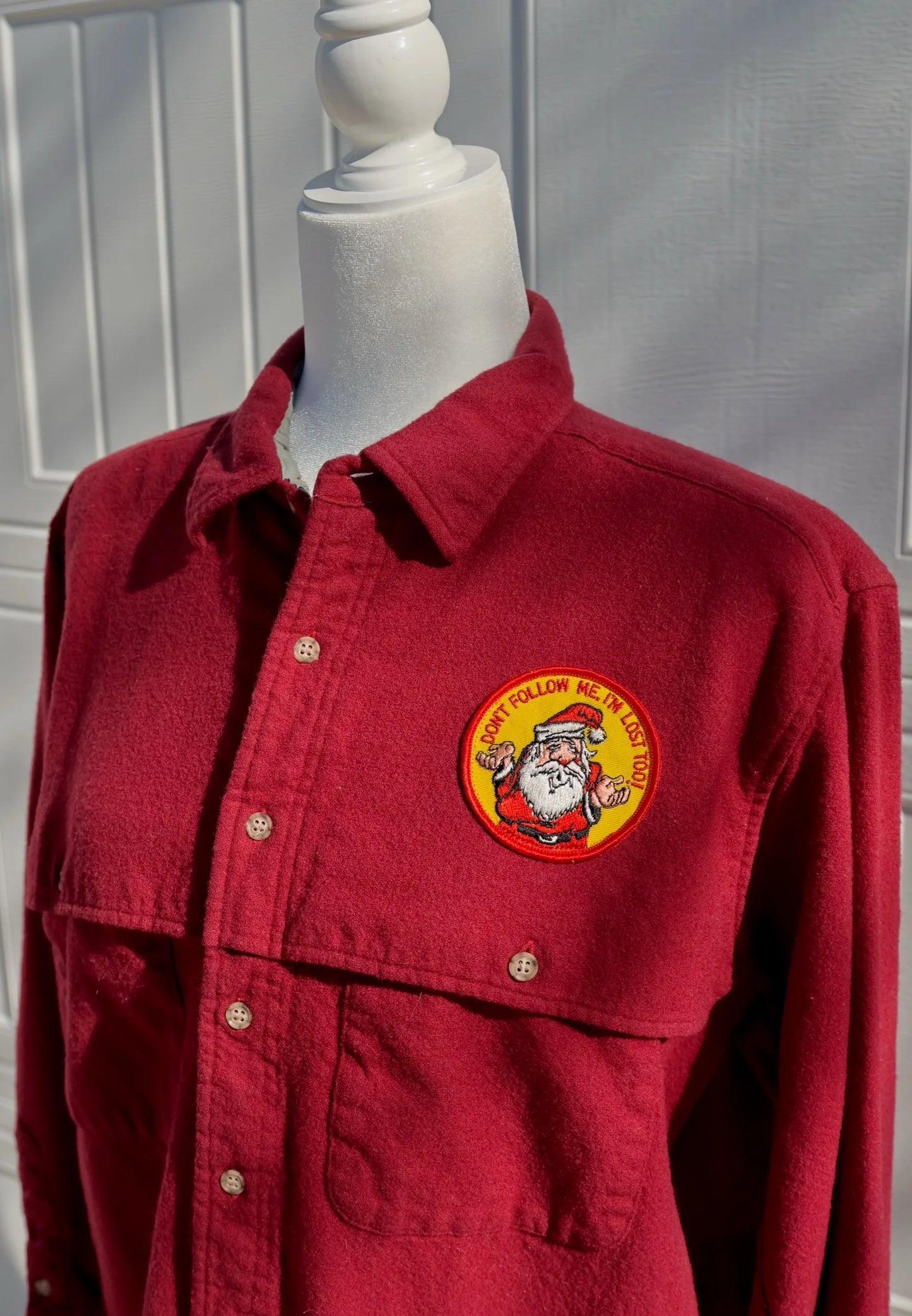 "Don’t Follow Me I’m Lost" Santa Patch - Upcycled Pendleton Wool Button Down Shirt