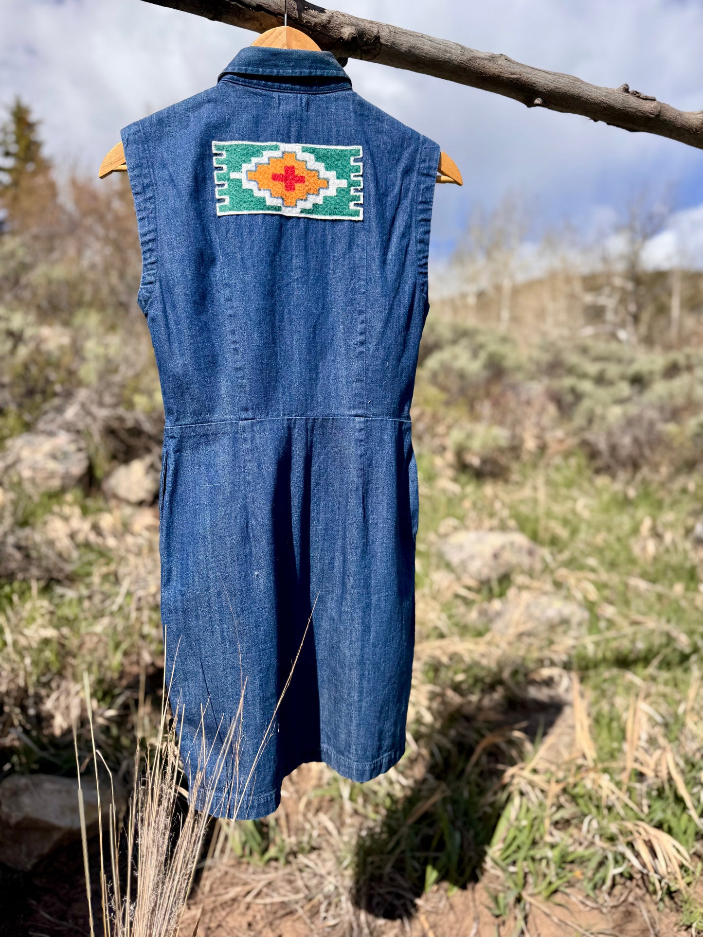 Upcycled Southwestern Long Denim Tuxedo Vest (XS)
