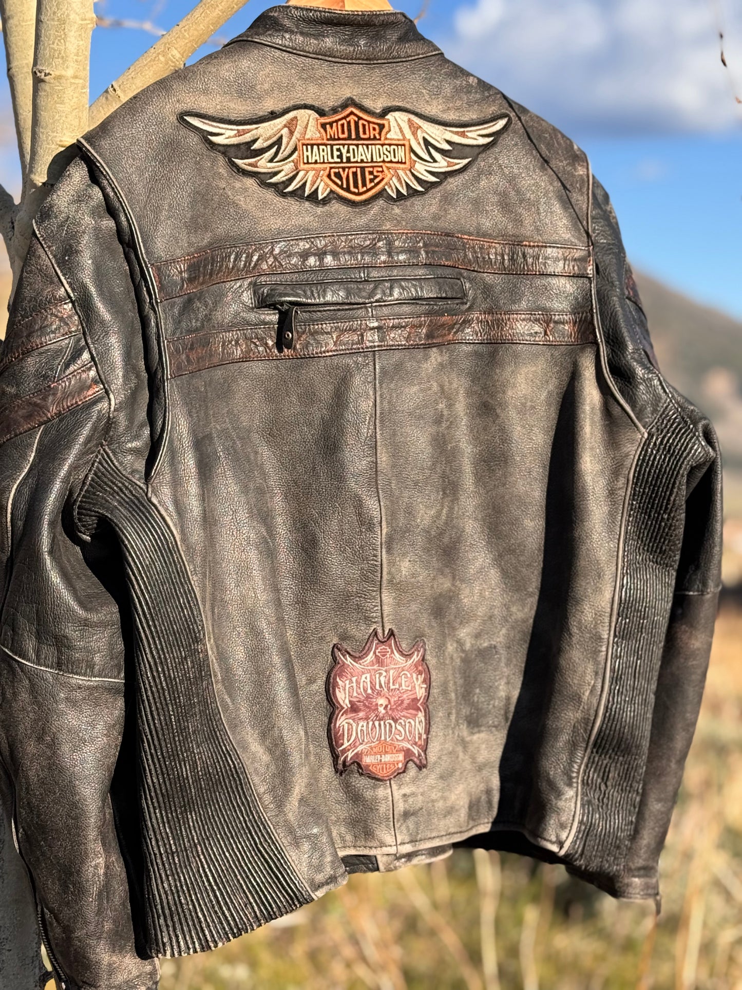 Vintage Harley-Davidson Men’s Triple Vent System Winged Back Distressed Leather Jacket - XL