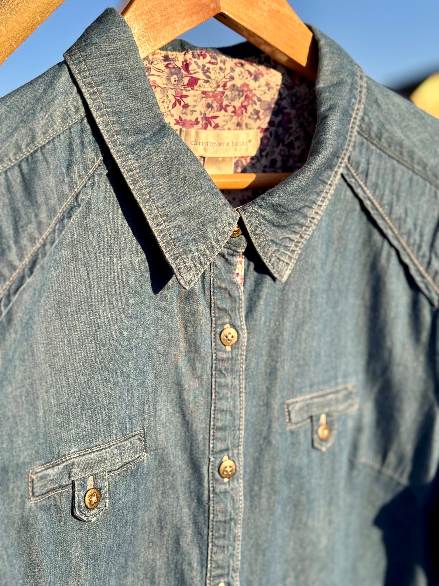 Upcycled Christopher Banks Fish Embroidery Denim Shirt (XL)