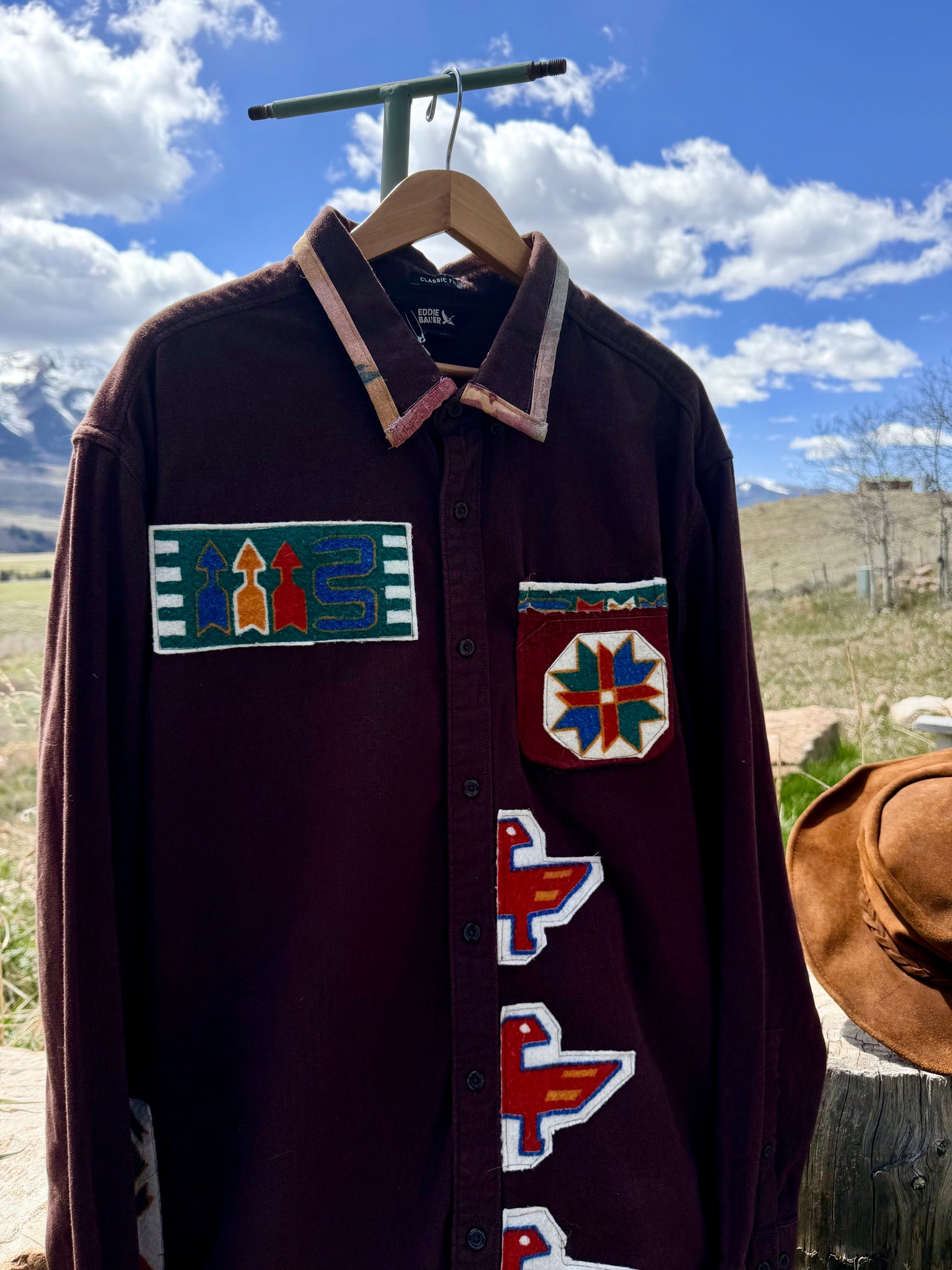 Upcycled Eddie Bauer Brown Patchwork Button Down Western Shirt (XXL)