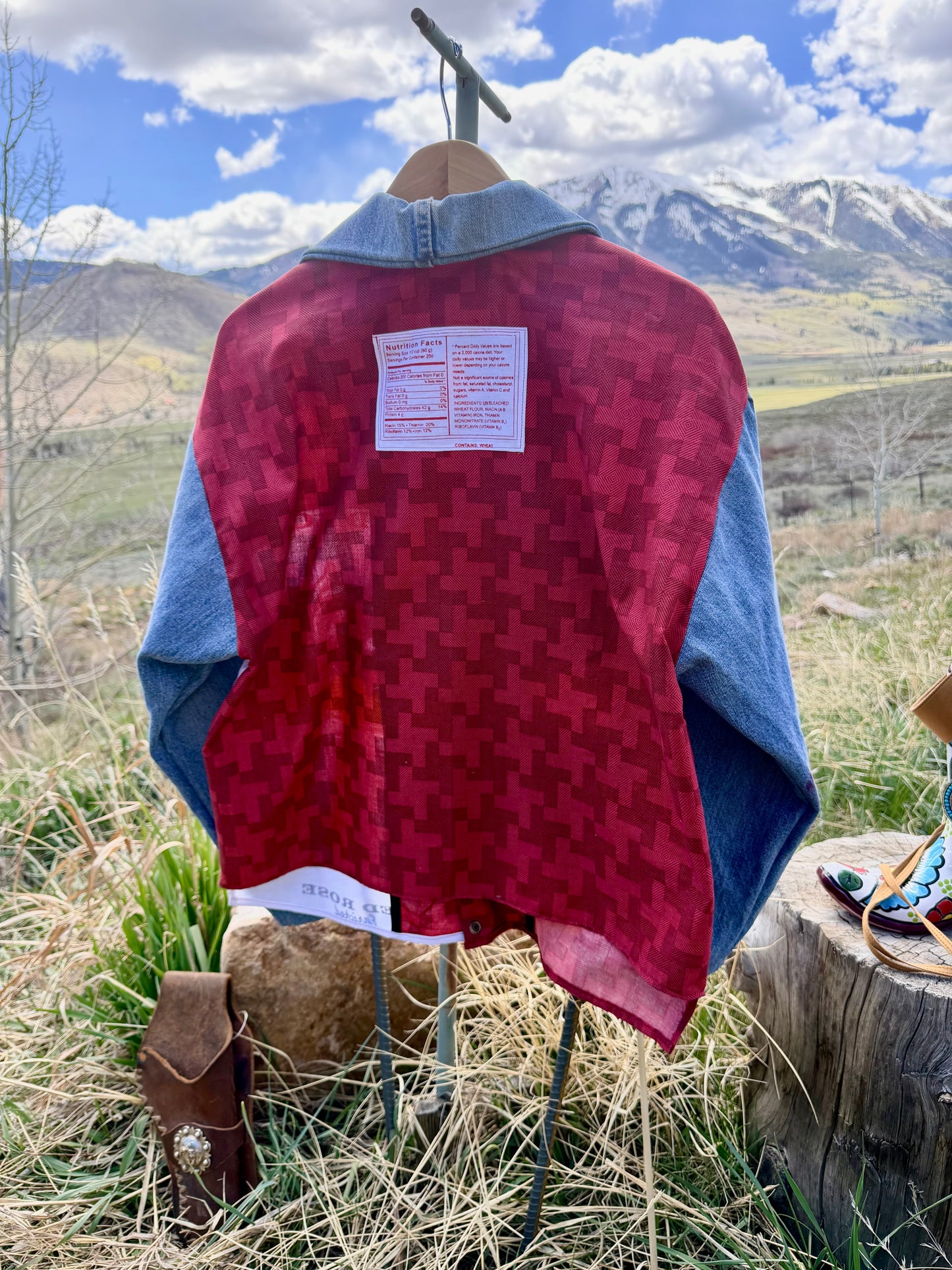 Handmade Red Rose Flour Sack + Denim Button Down Workshirt — Handmade Patchwork | Size M