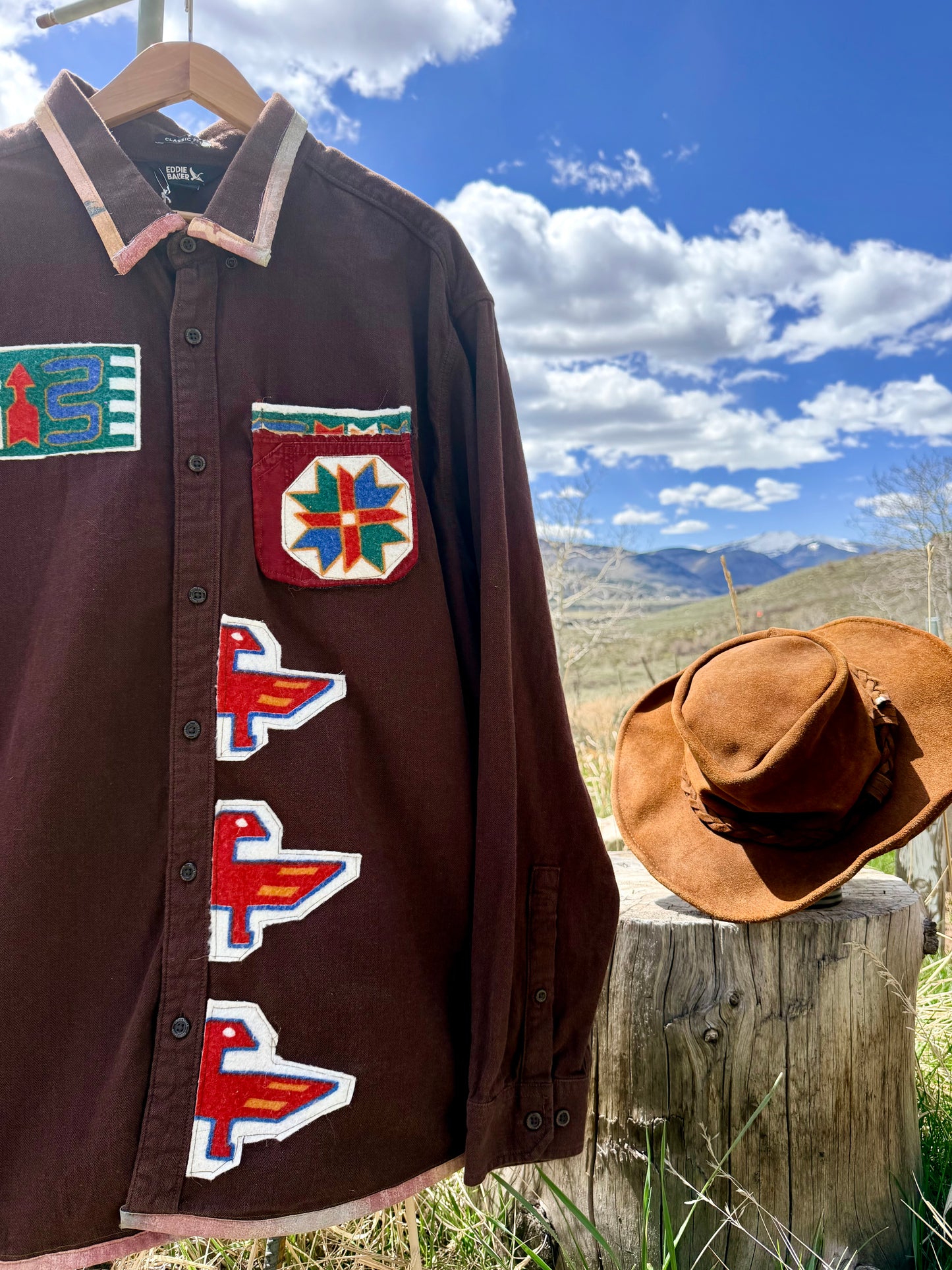 Upcycled Eddie Bauer Brown Patchwork Button Down Western Shirt (XXL)