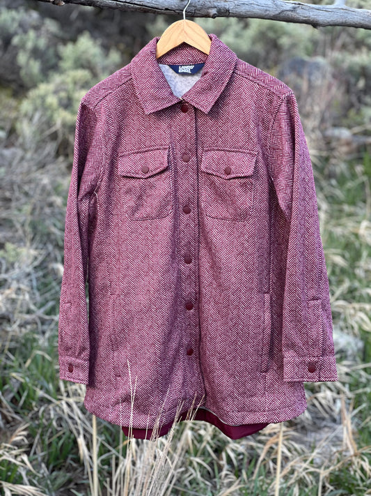 Lands' End Fleece Lined Snap Button Down Red Jacquard Shirt Jacket (L)