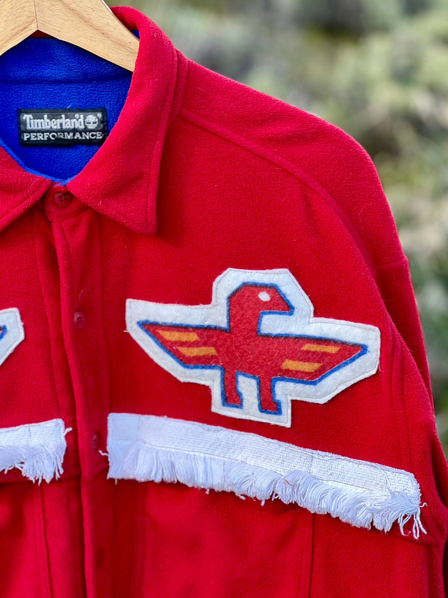 Upcycled Timberland Fleece Western Shirt Fringe Pocket Red Button Down (XXL)