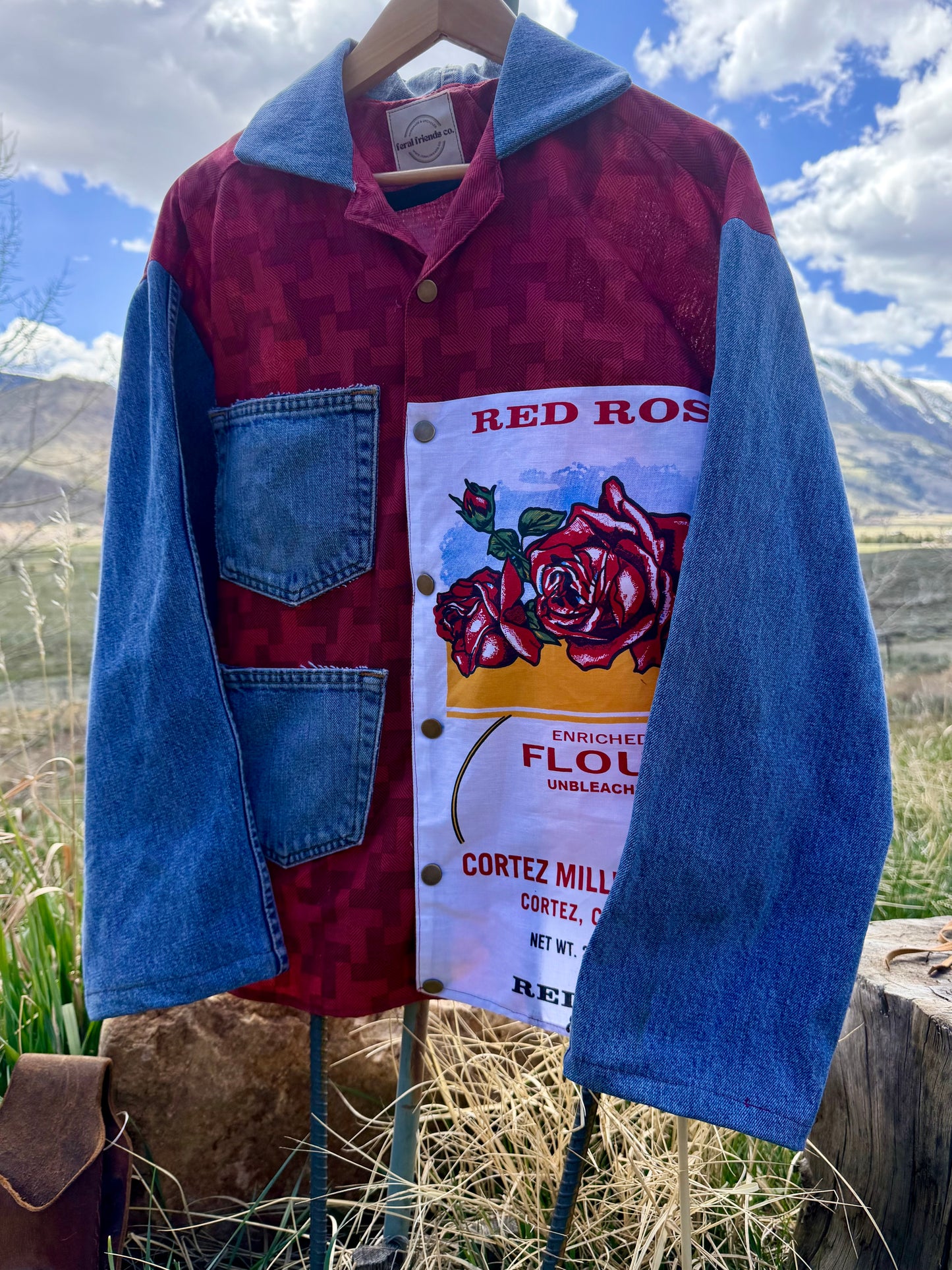 Handmade Red Rose Flour Sack + Denim Button Down Workshirt — Handmade Patchwork | Size M