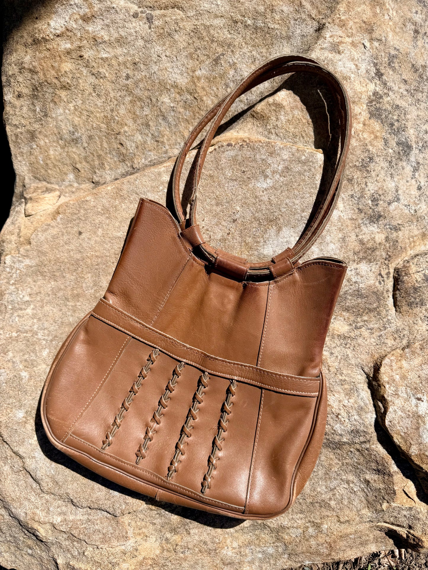 Vintage Brown Leather Woven Detail Shoulder Bag