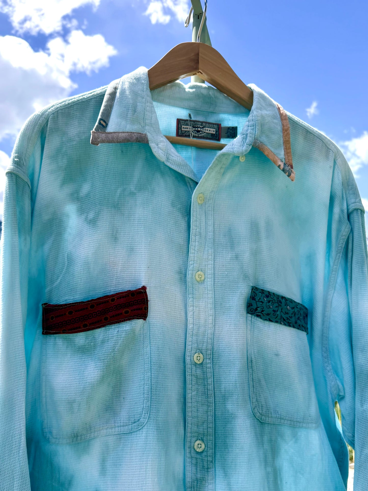 Upcycled American Territory Tie Dye Western Patch Button Down (L)