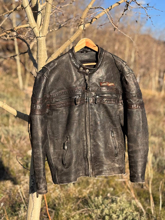 Vintage Harley-Davidson Men’s Triple Vent System Winged Back Distressed Leather Jacket - XL