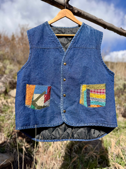 Upcycled Quilted Denim Patch Vest (L/XL)