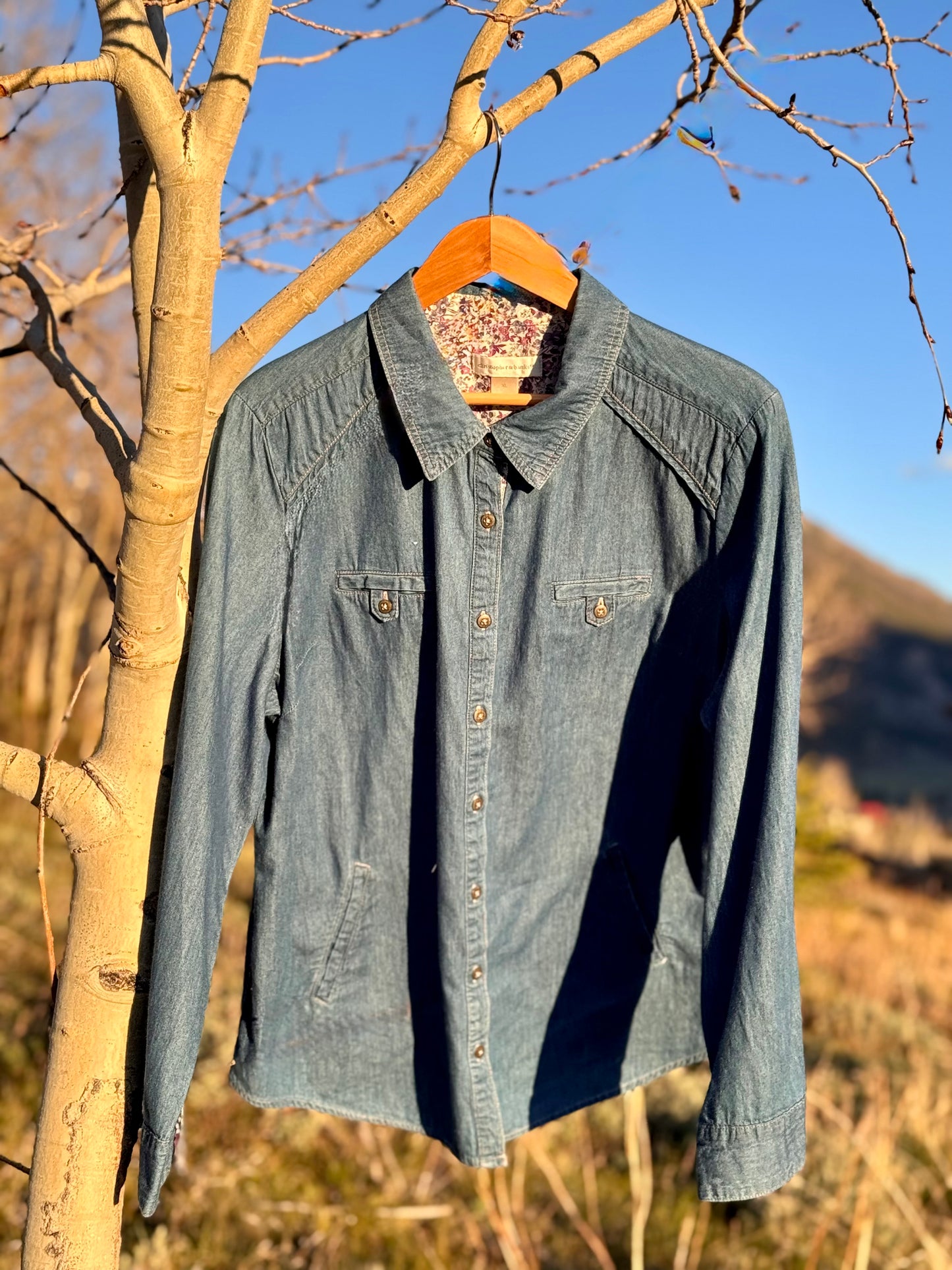 Upcycled Christopher Banks Fish Embroidery Denim Shirt (XL)