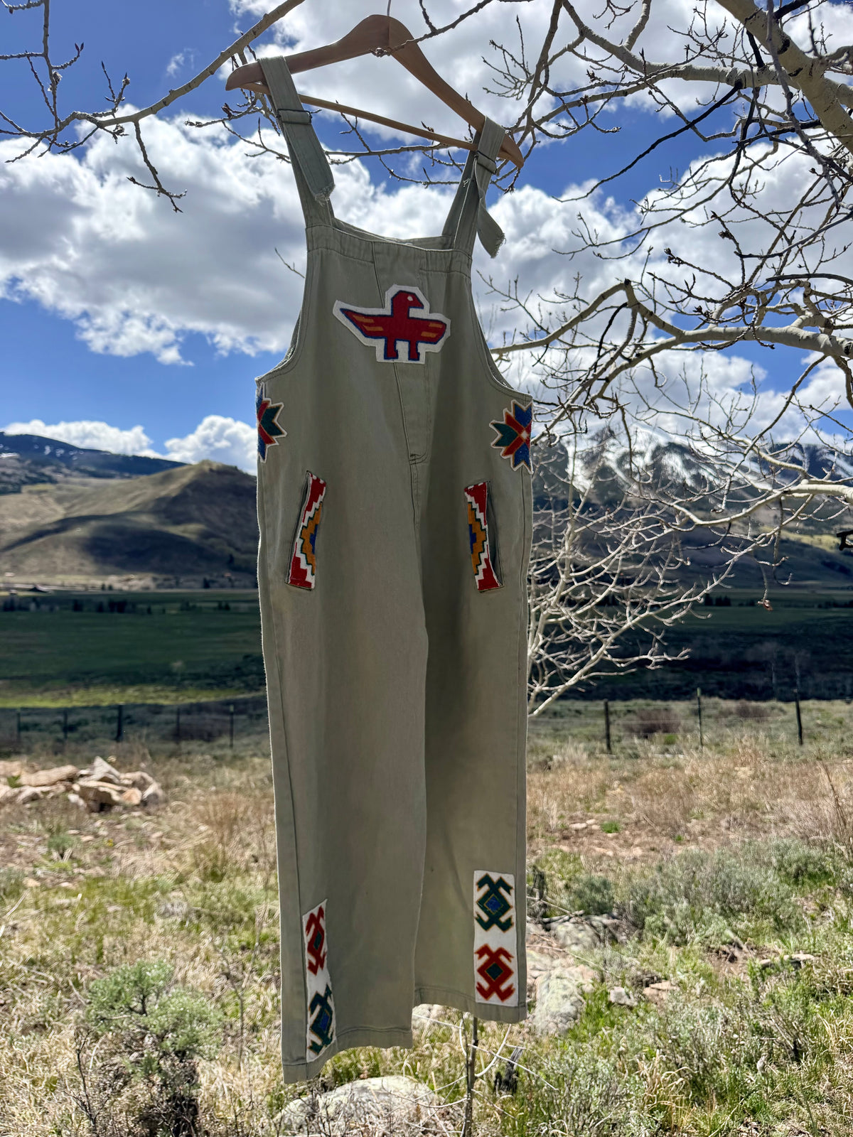 Upcycled Grey Denim Overalls Southwestern Patch (L)