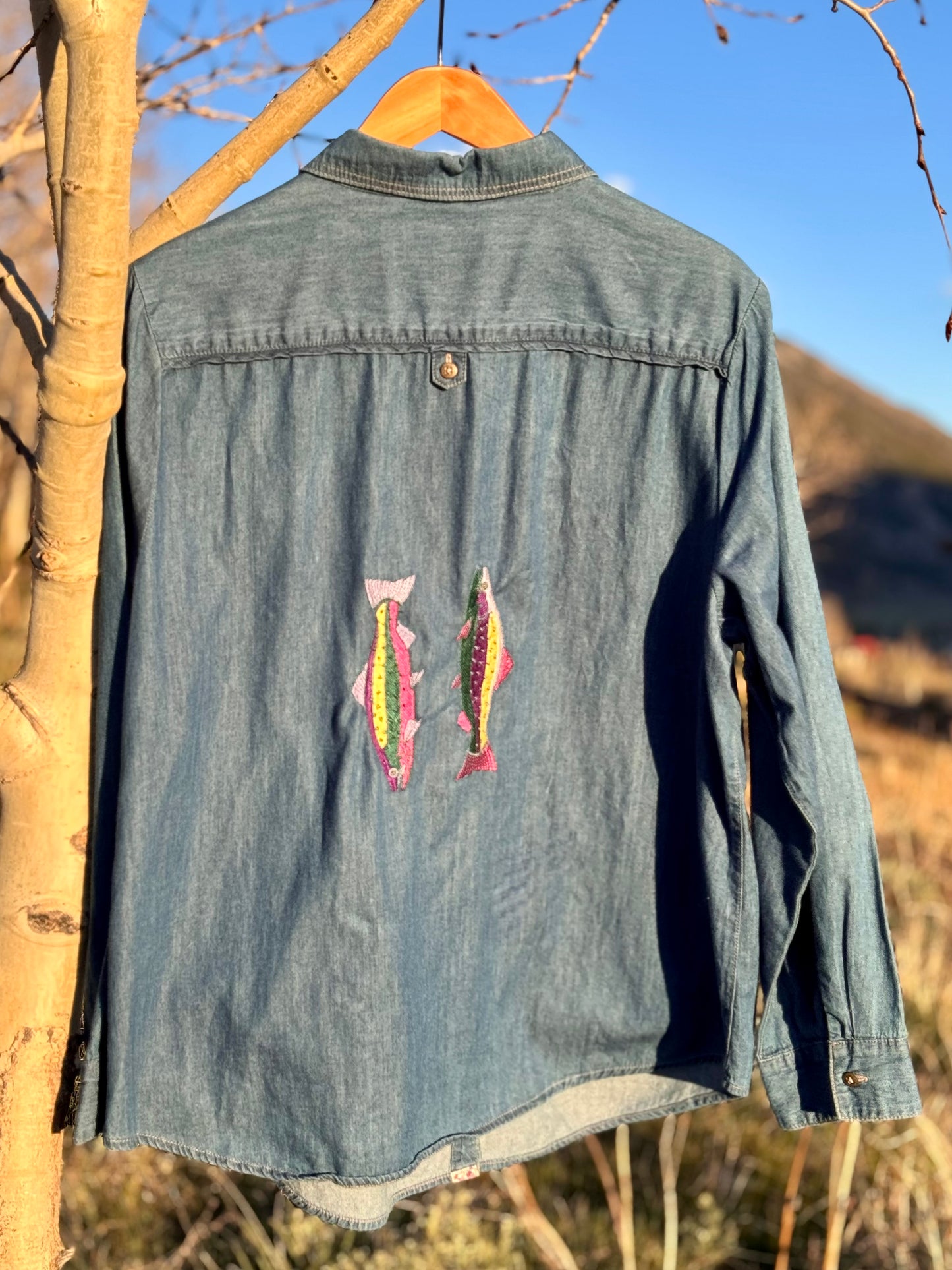 Upcycled Christopher Banks Fish Embroidery Denim Shirt (XL)