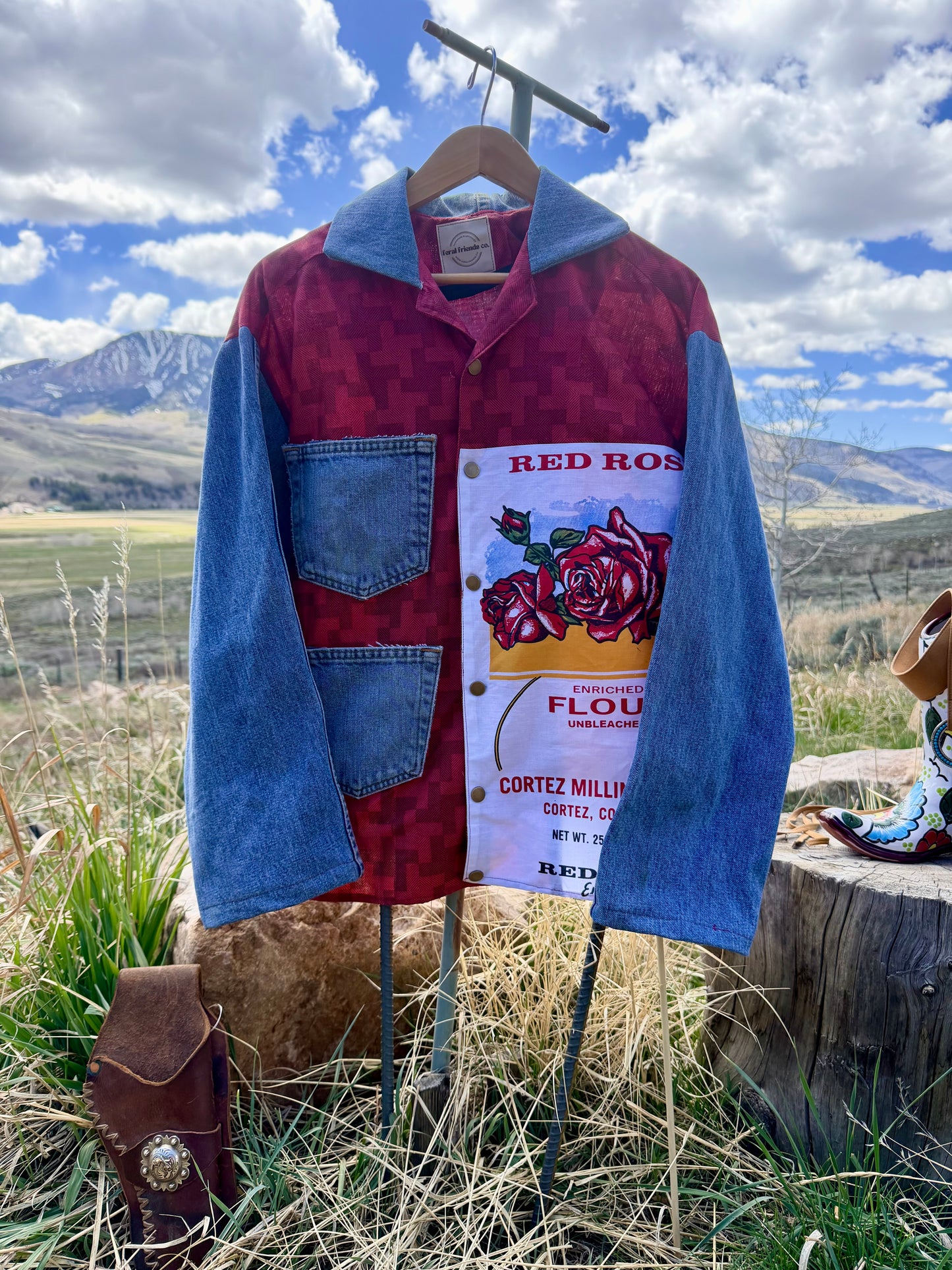 Handmade Red Rose Flour Sack + Denim Button Down Workshirt — Handmade Patchwork | Size M